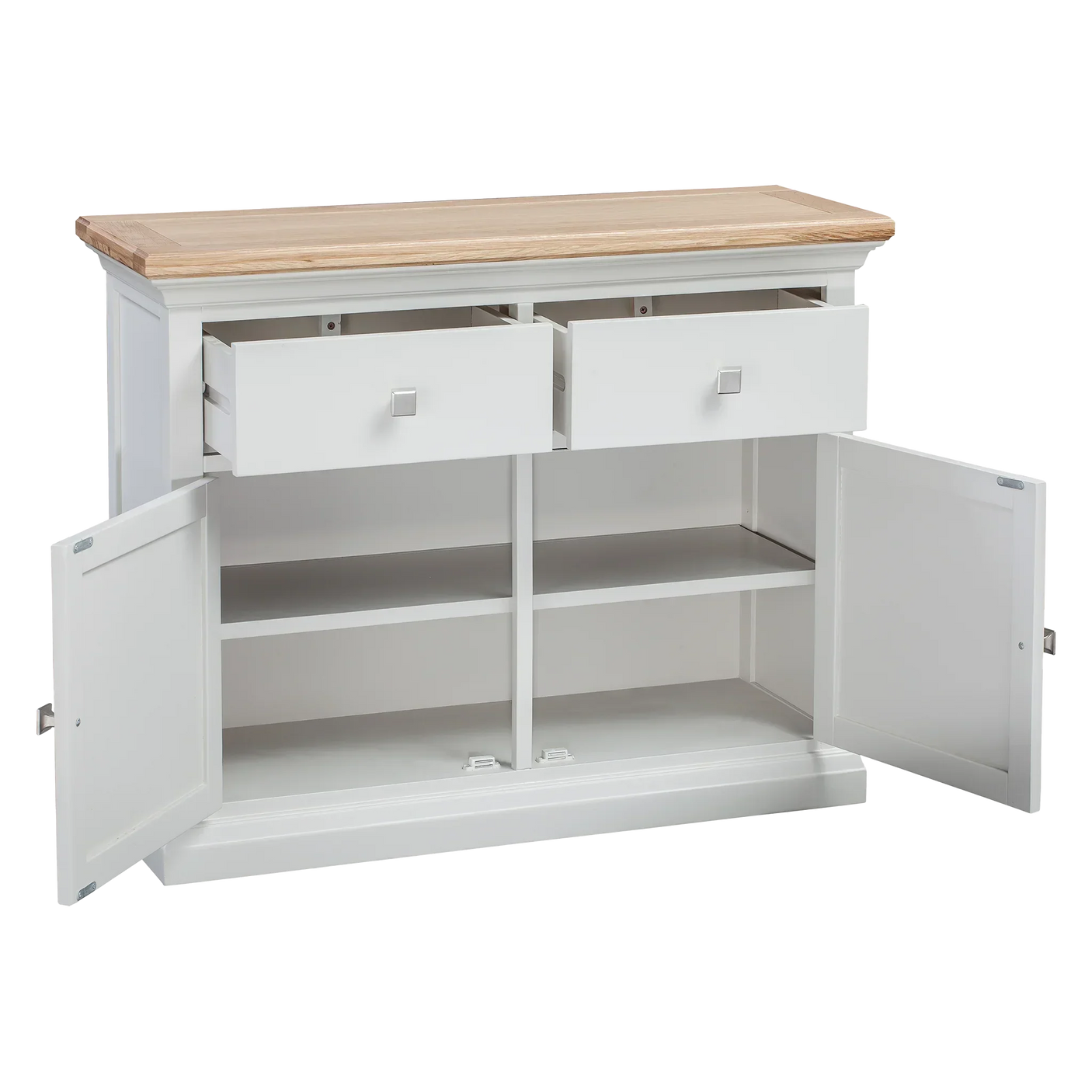 White sideboard cabinet with oak top, two open drawers and two open cupboard doors