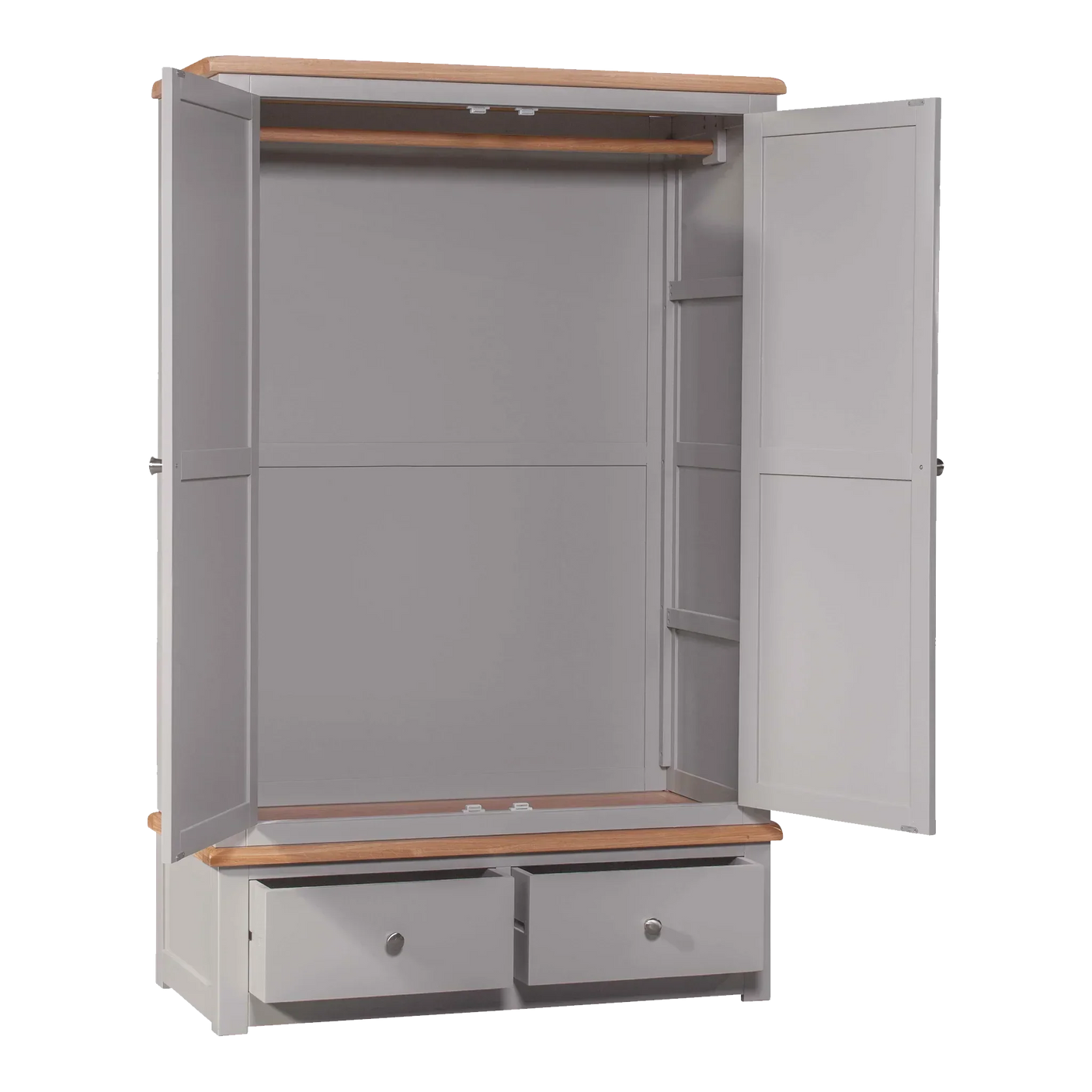 Grey wooden wardrobe with two drawers, double doors, and hanging rail