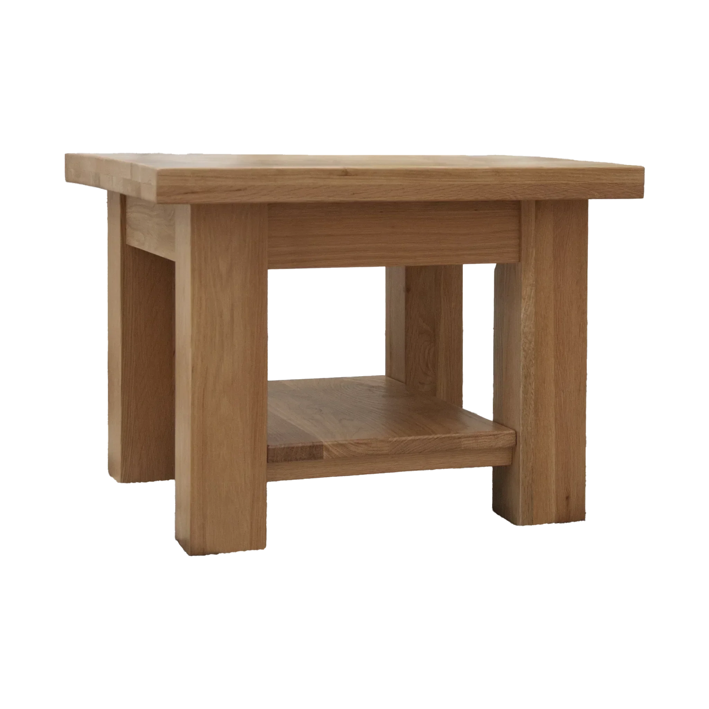 Oak side table with lower shelf and solid wood construction