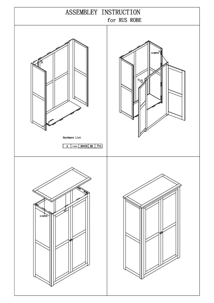 Wardrobe assembly instructions showing step-by-step construction of double door robe