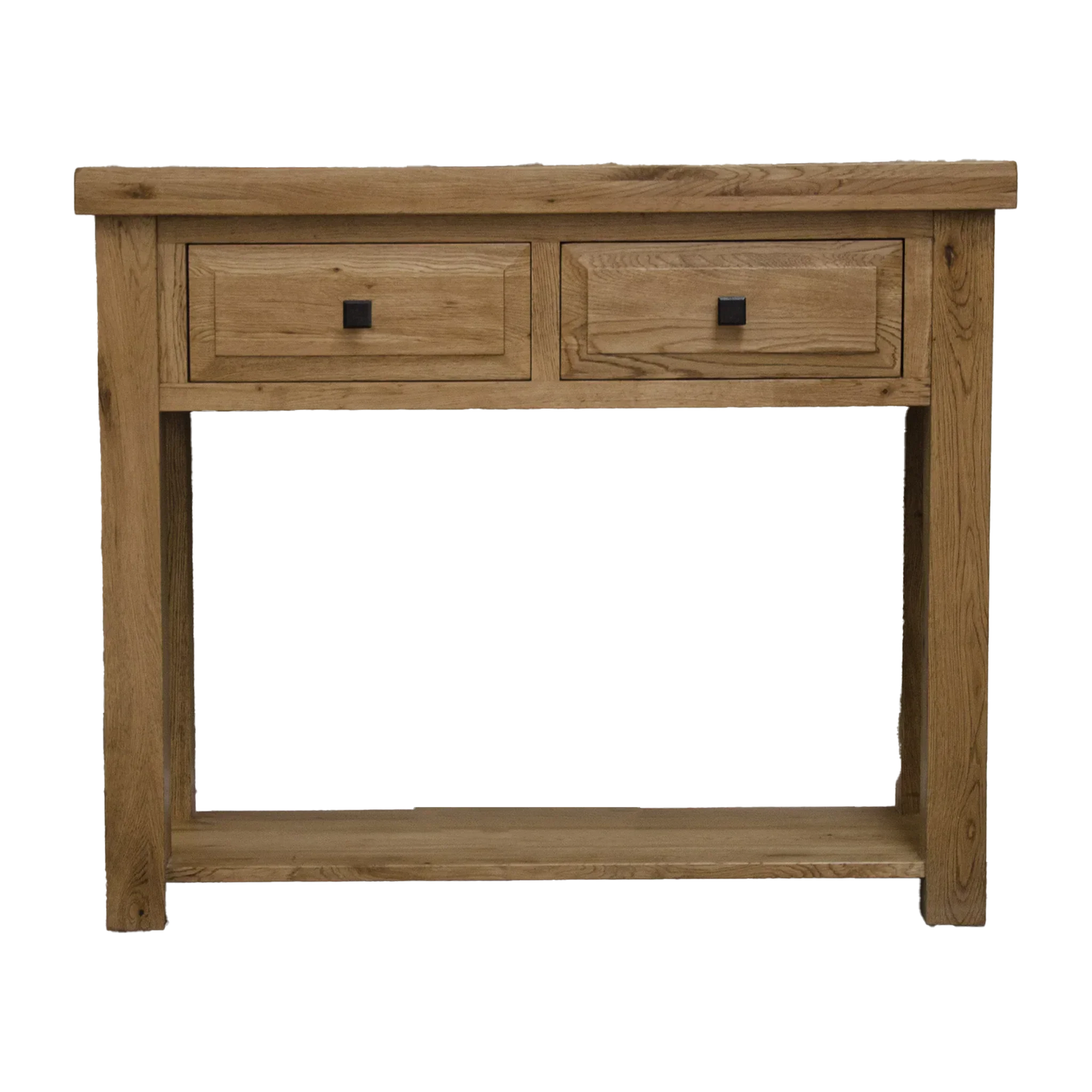 Oak console table with two drawers and lower shelf, front view