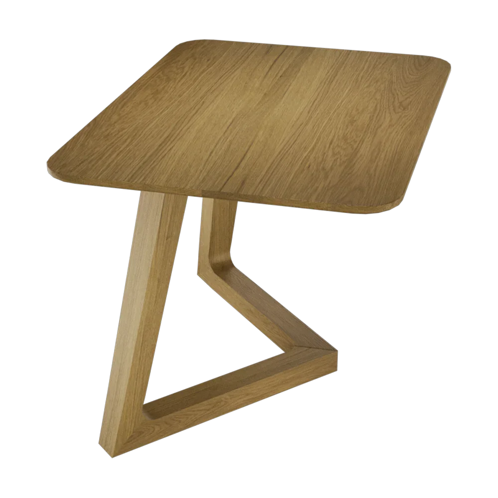 Rectangular oak dining table with angular wooden base and rounded corners