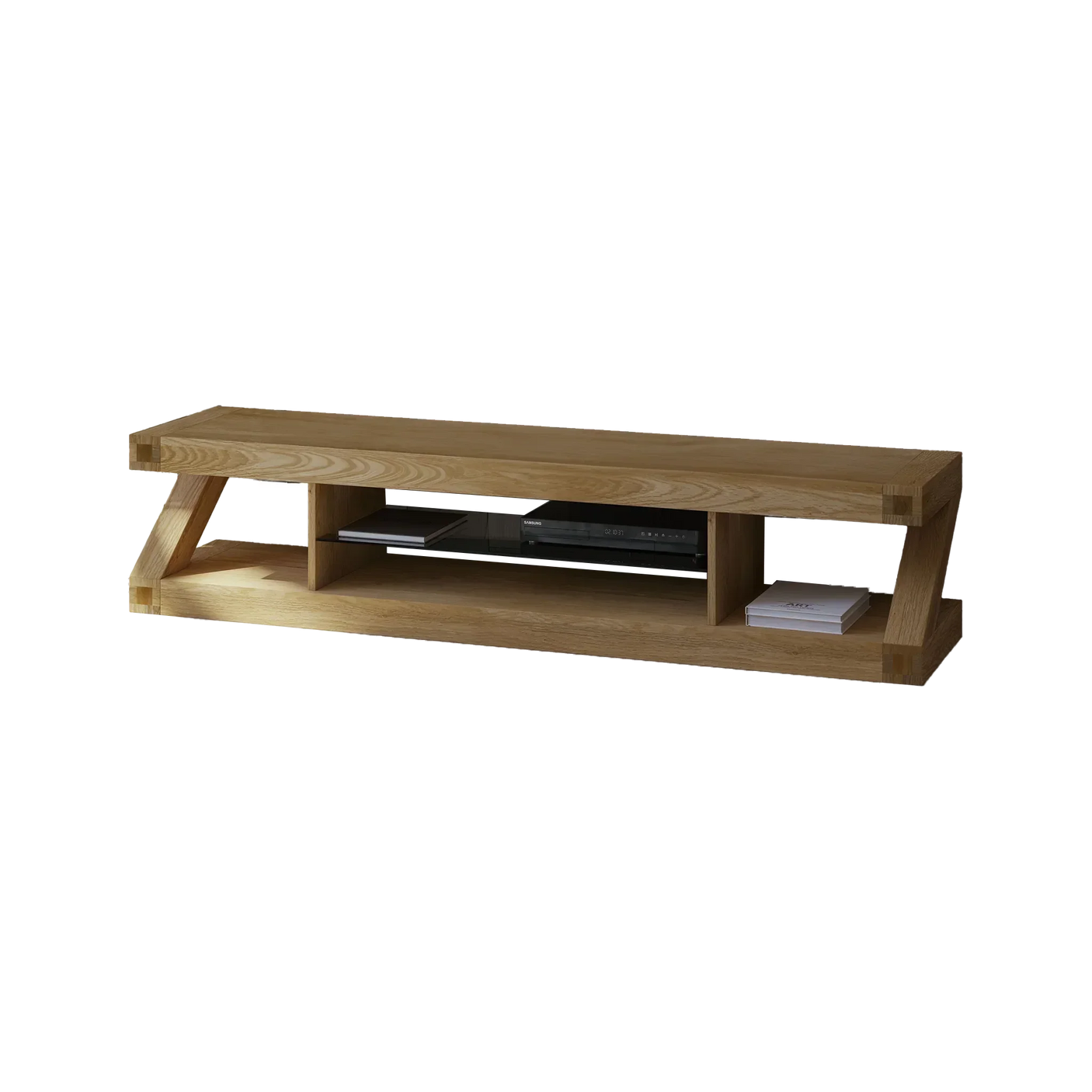 Oak TV stand with open shelving for media storage, modern design, front angle view