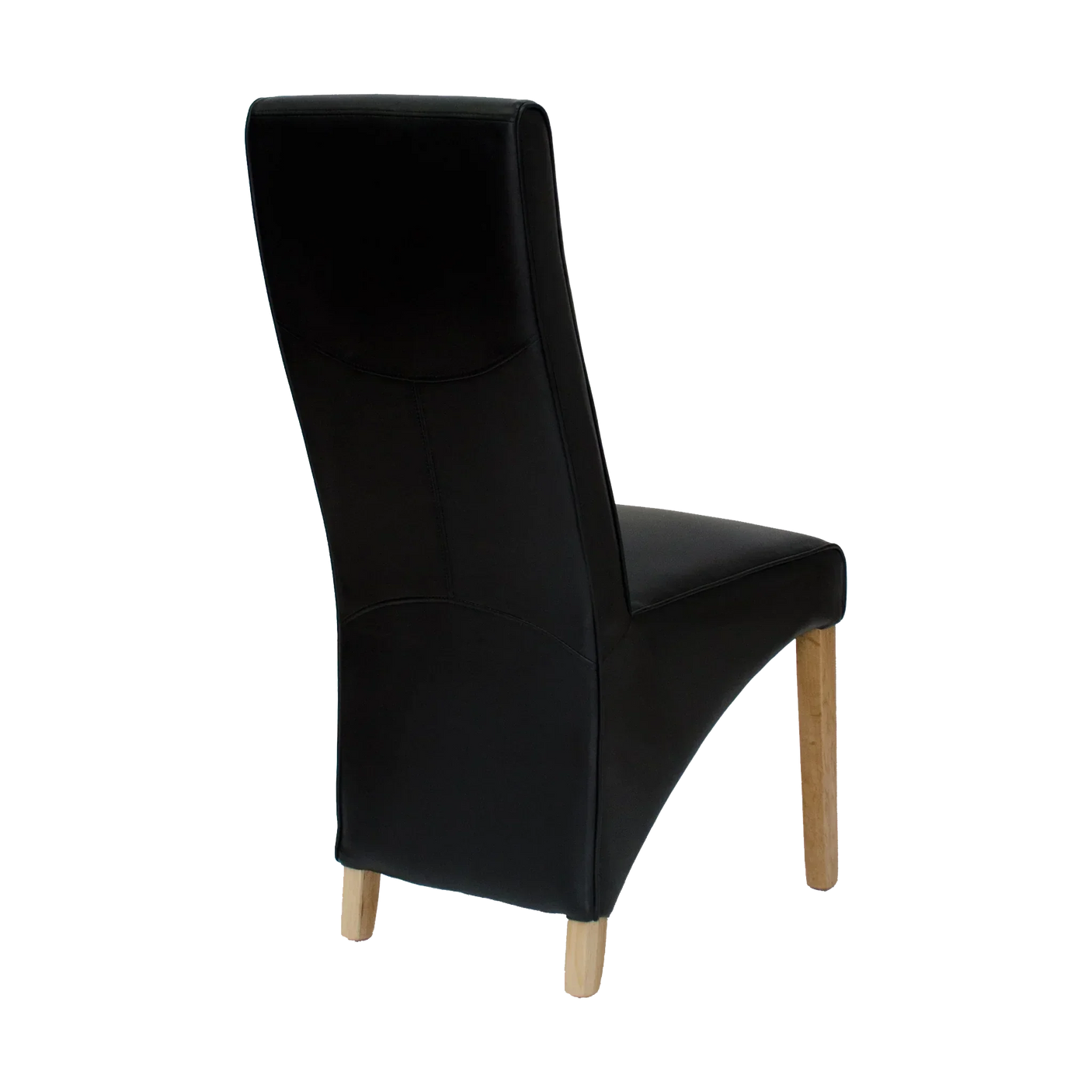 Black leather dining chair with wooden legs, side angle view