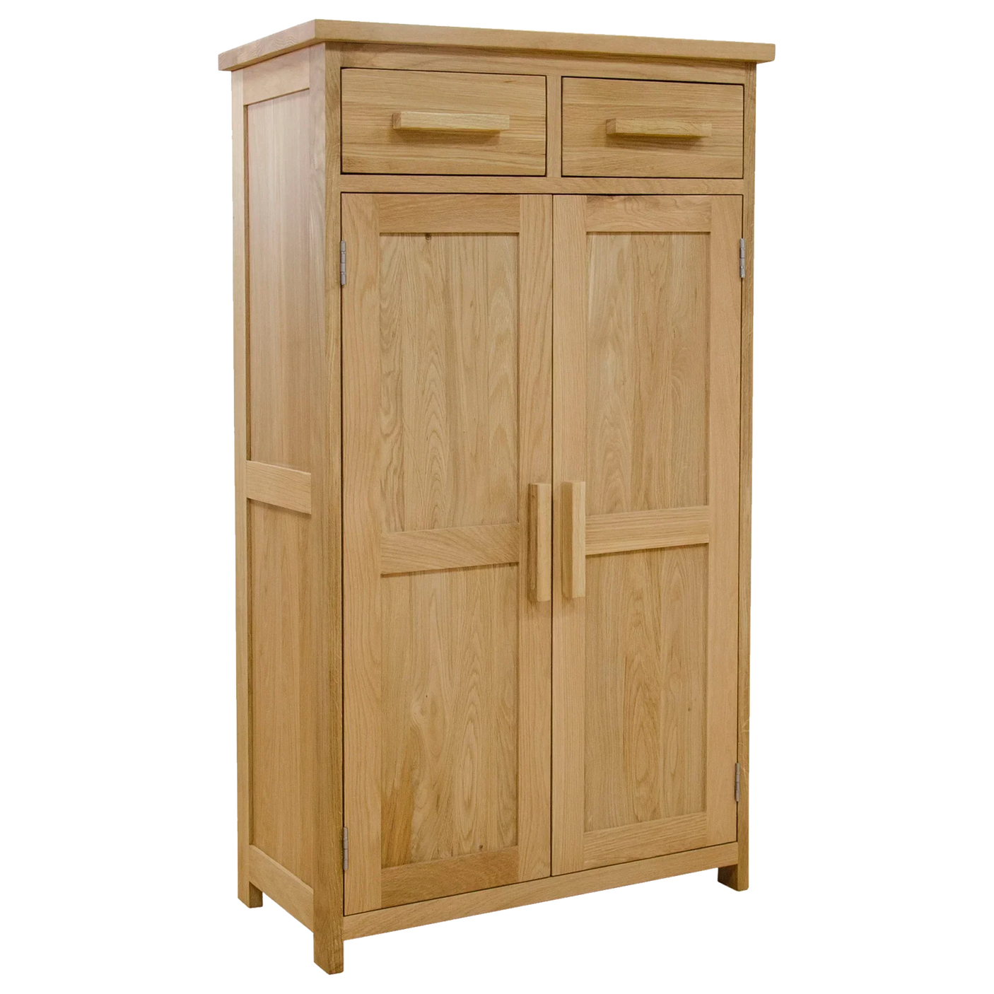 Light oak wooden cabinet with two doors and two drawers, shown from front angle