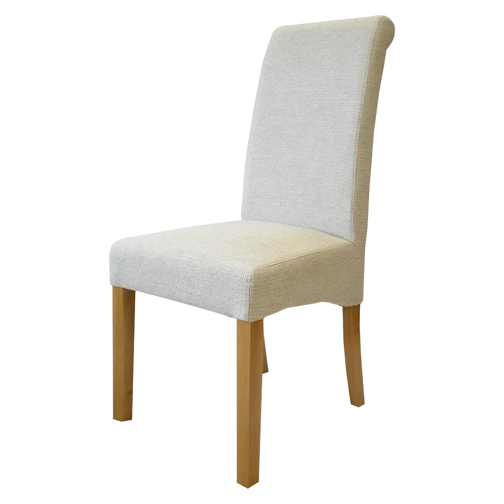 Light grey fabric dining chair with wooden legs, angled side view