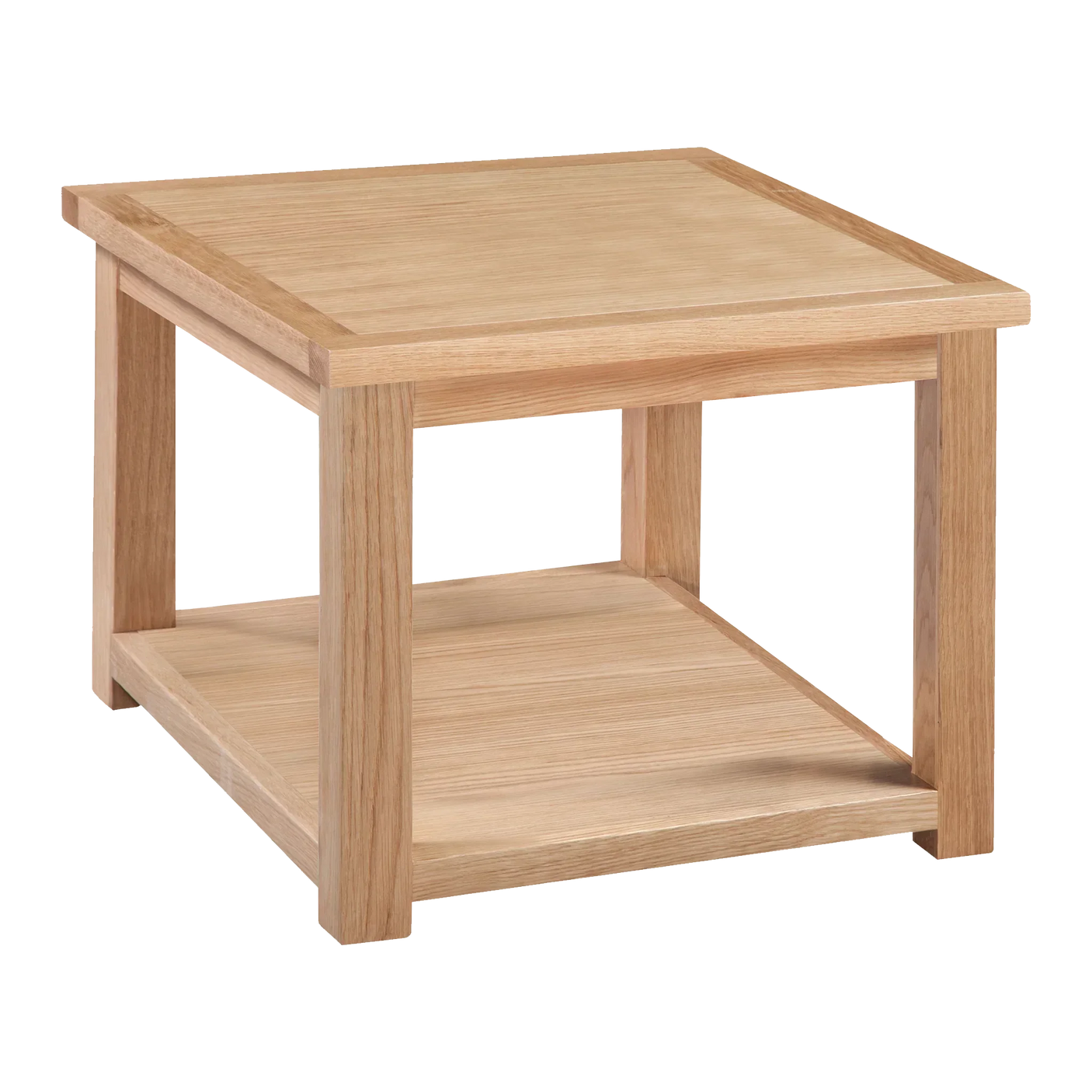 Light oak side table with square top and lower shelf, modern wooden living room furniture