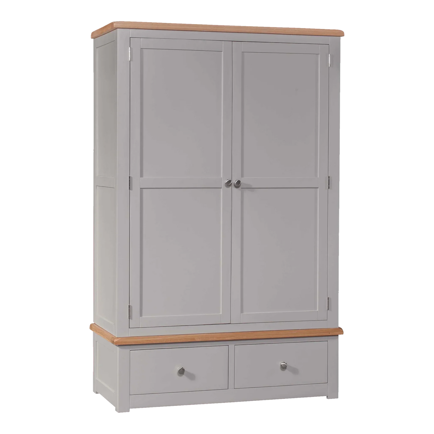 Grey wooden wardrobe with double doors, two drawers and oak top panel