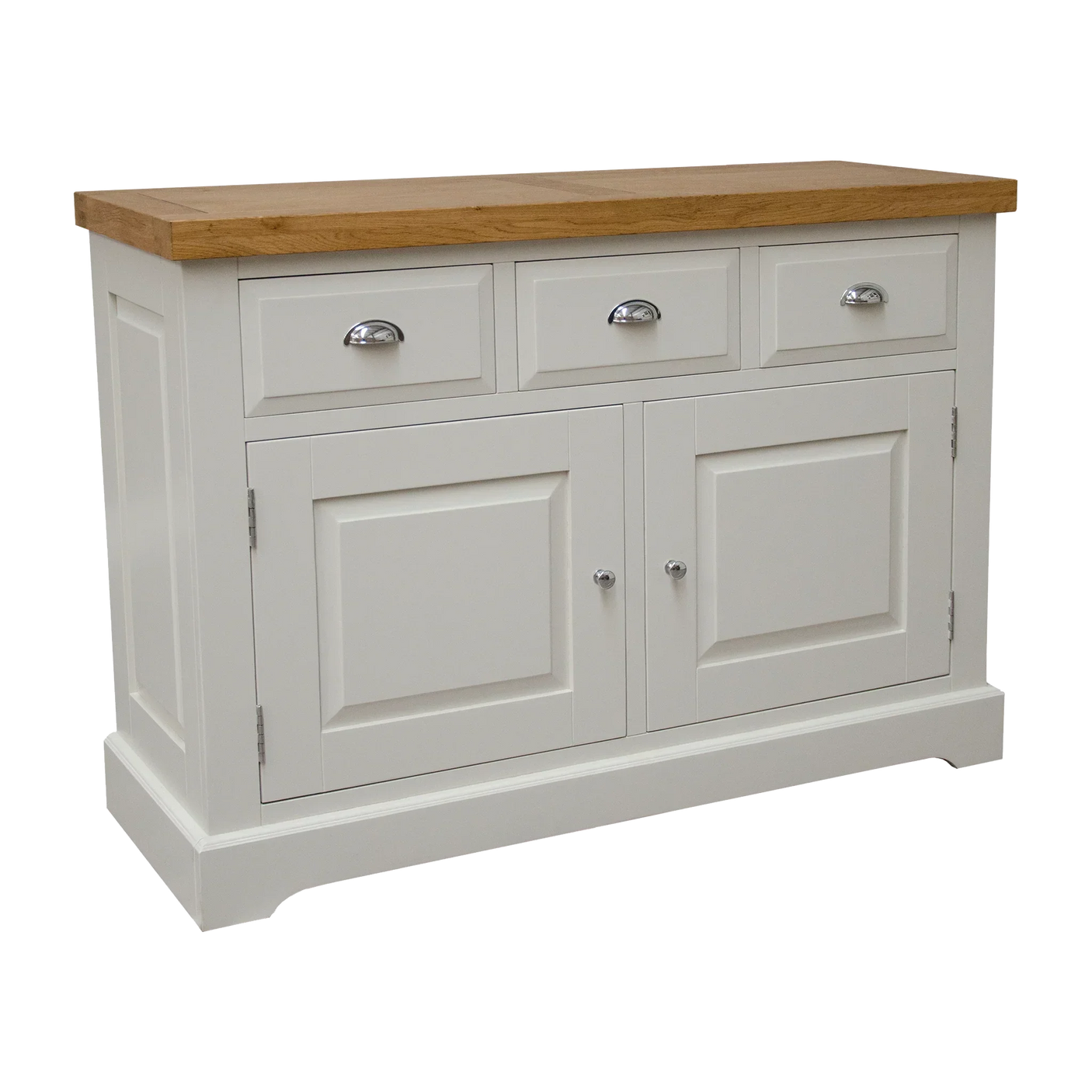 Cream sideboard with oak top, three drawers and two cabinet doors, silver handles