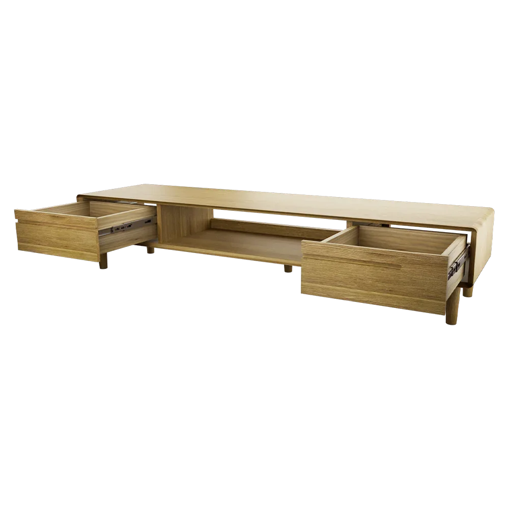 Oak TV unit with open drawers and central shelf, modern wood furniture design