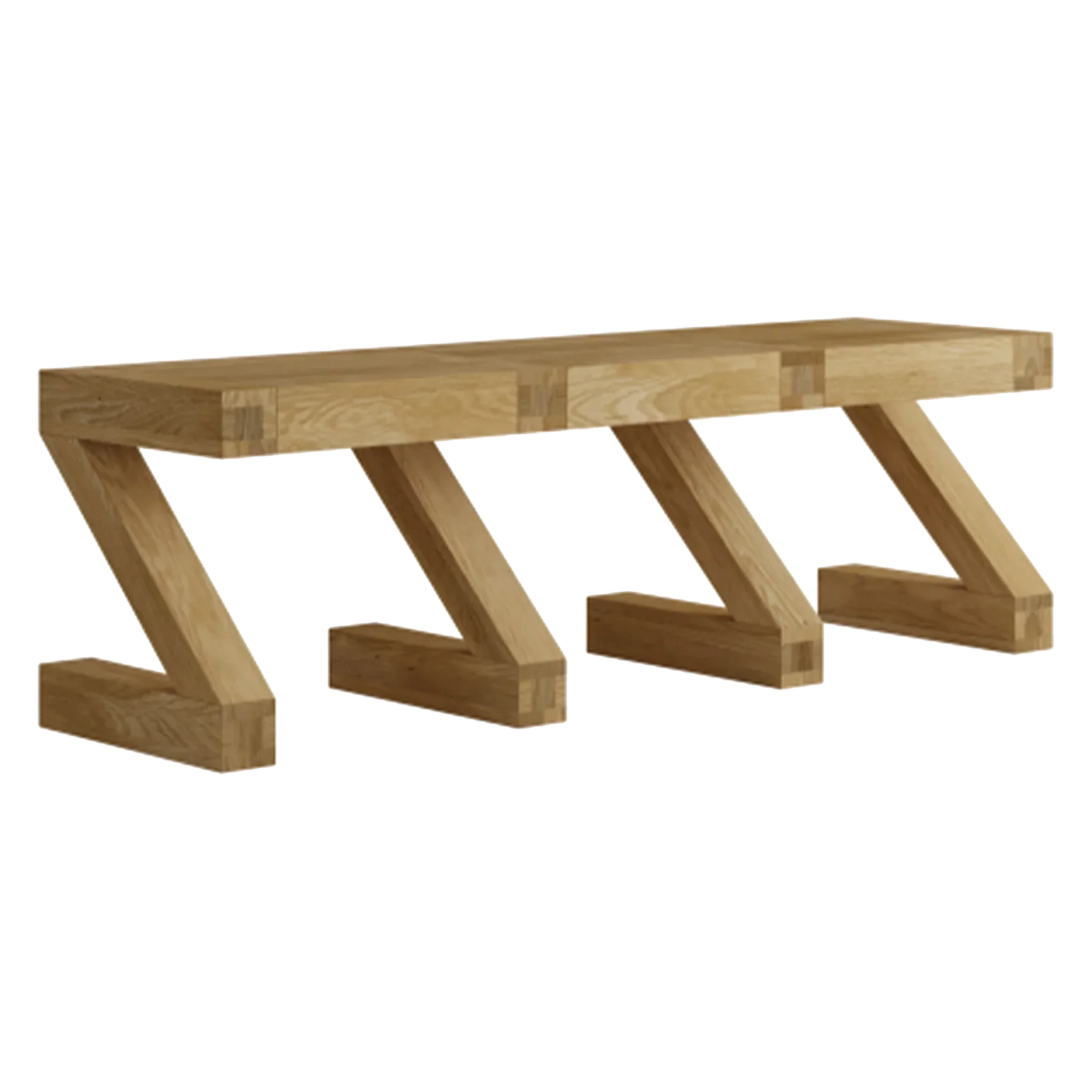 oak dining bench with modern angled legs, natural wood finish, side view