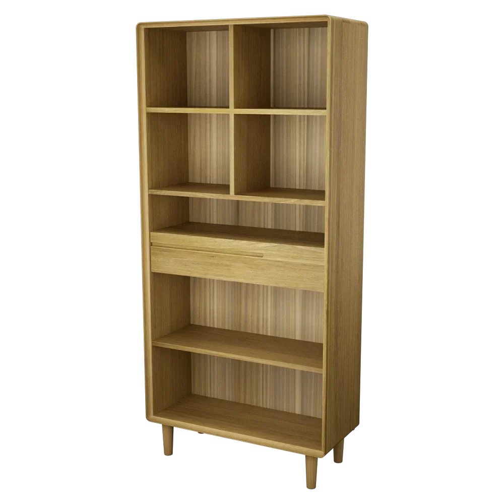 Oak bookcase shelving unit with six open compartments, two lower shelves and central drawer