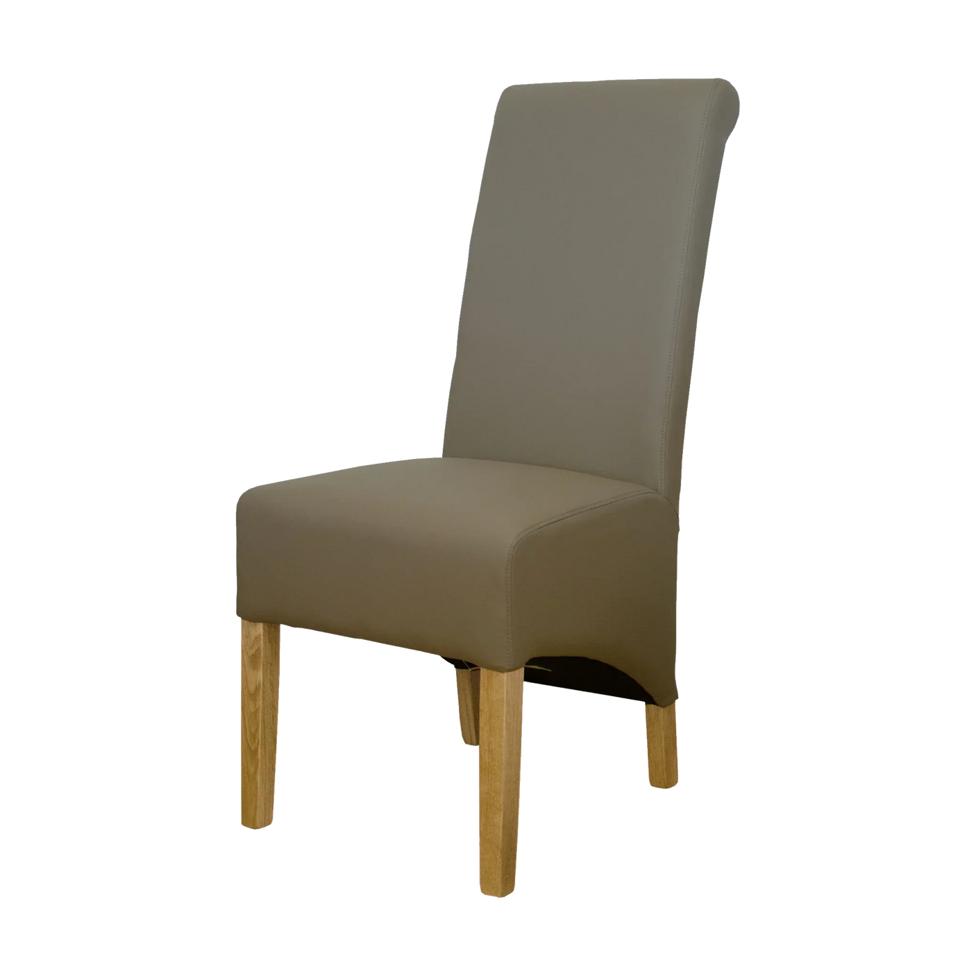 Taupe leather dining chair with high back and wooden legs, side view
