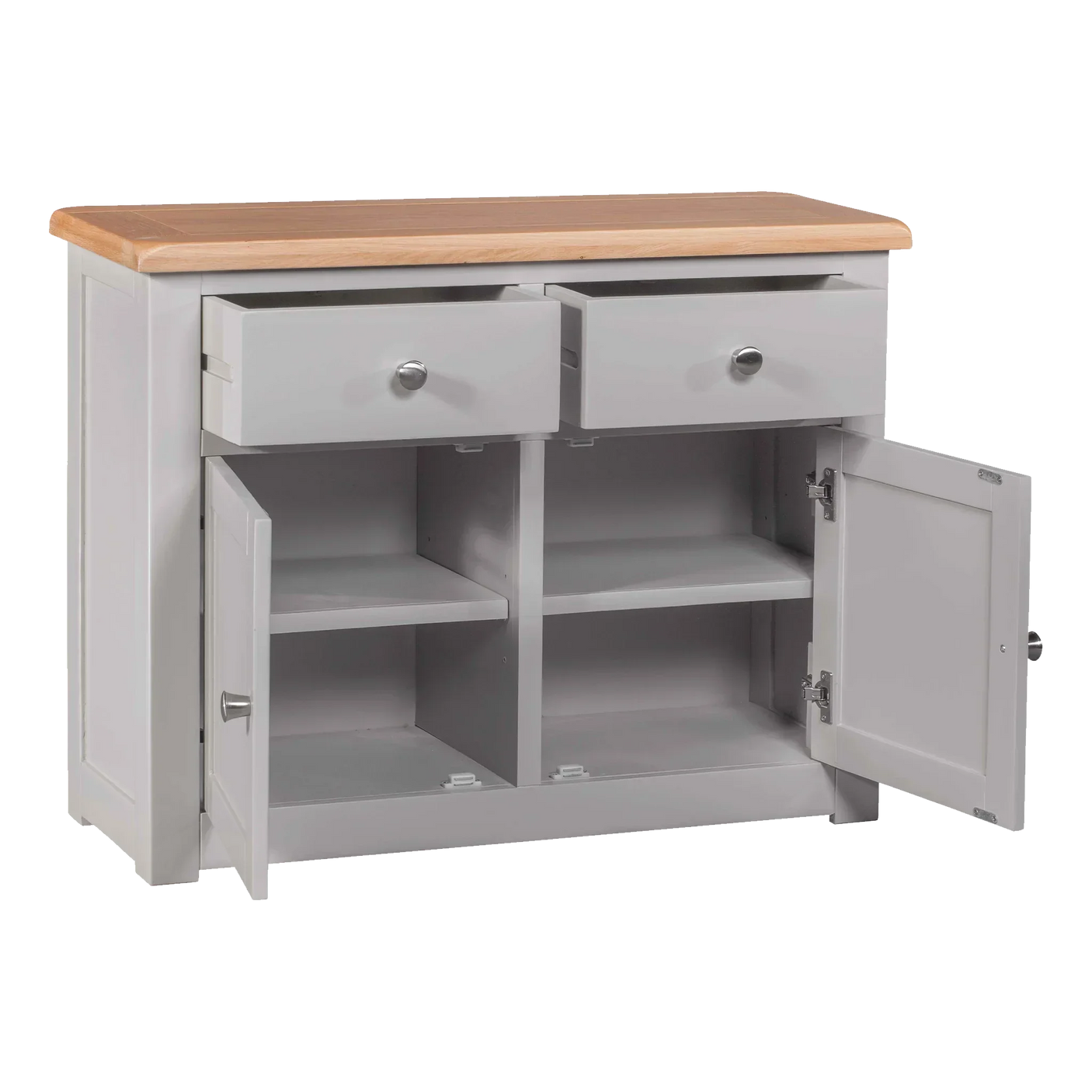 Grey sideboard with wooden top, two open drawers, and double cupboard doors showing interior shelves