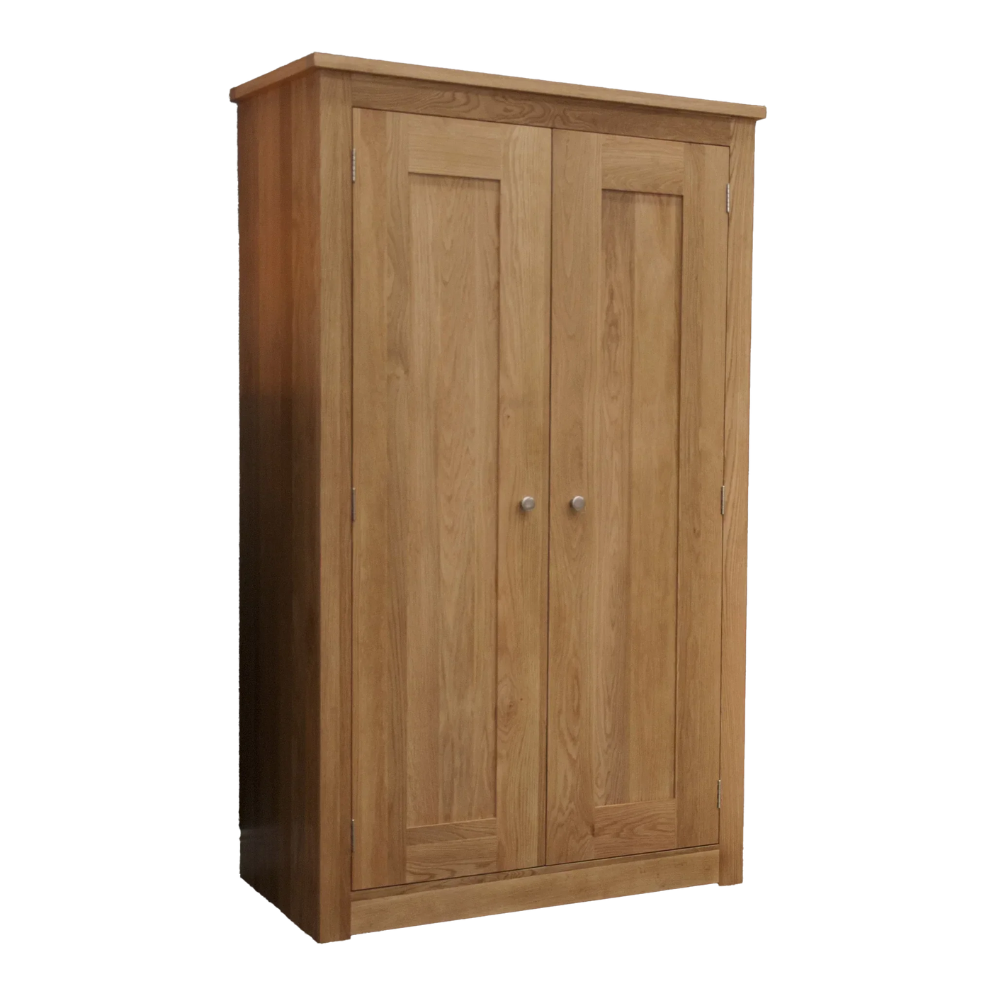 Oak wardrobe with double doors and silver handles, front angled view