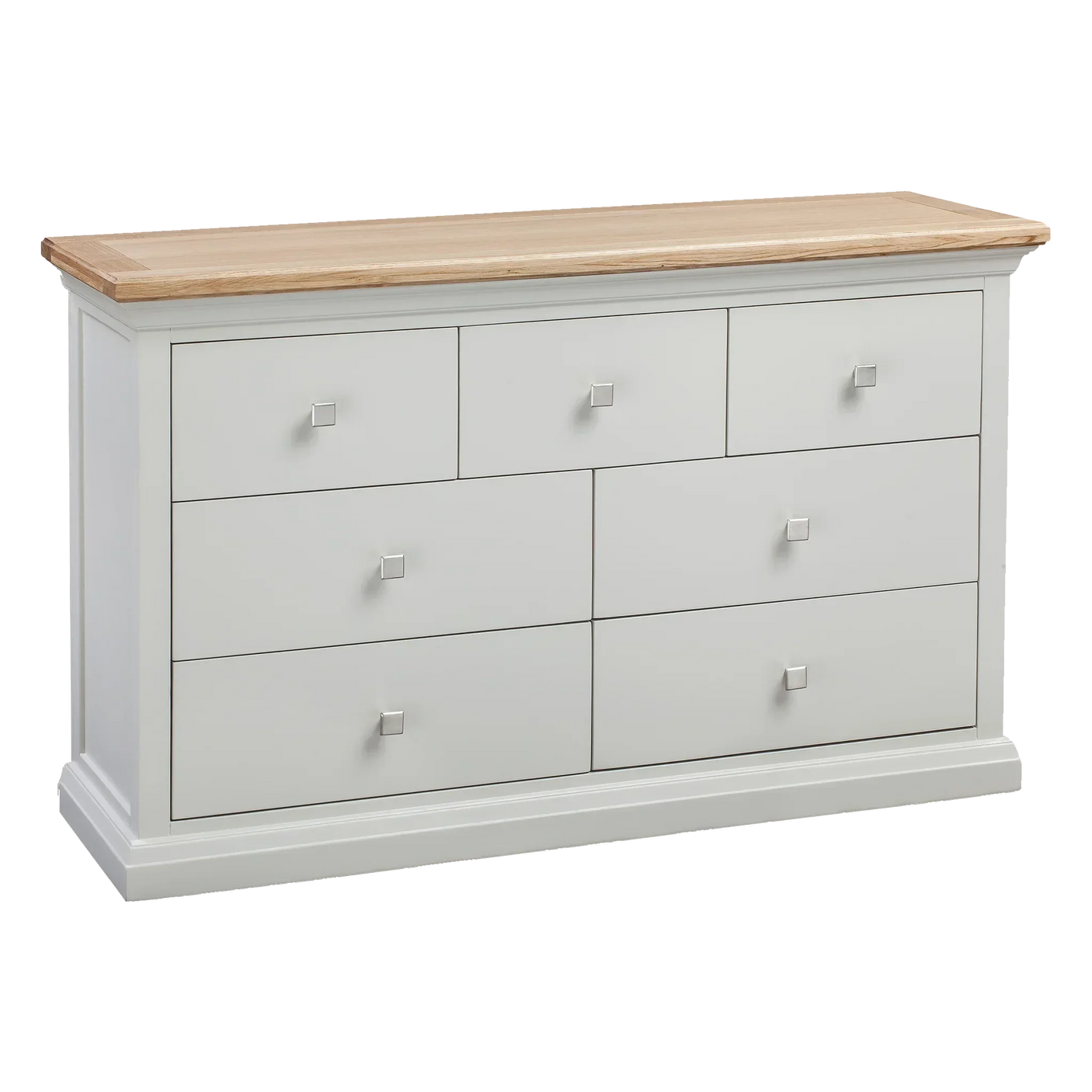 White wooden chest of drawers with oak top and silver square handles, front angle view