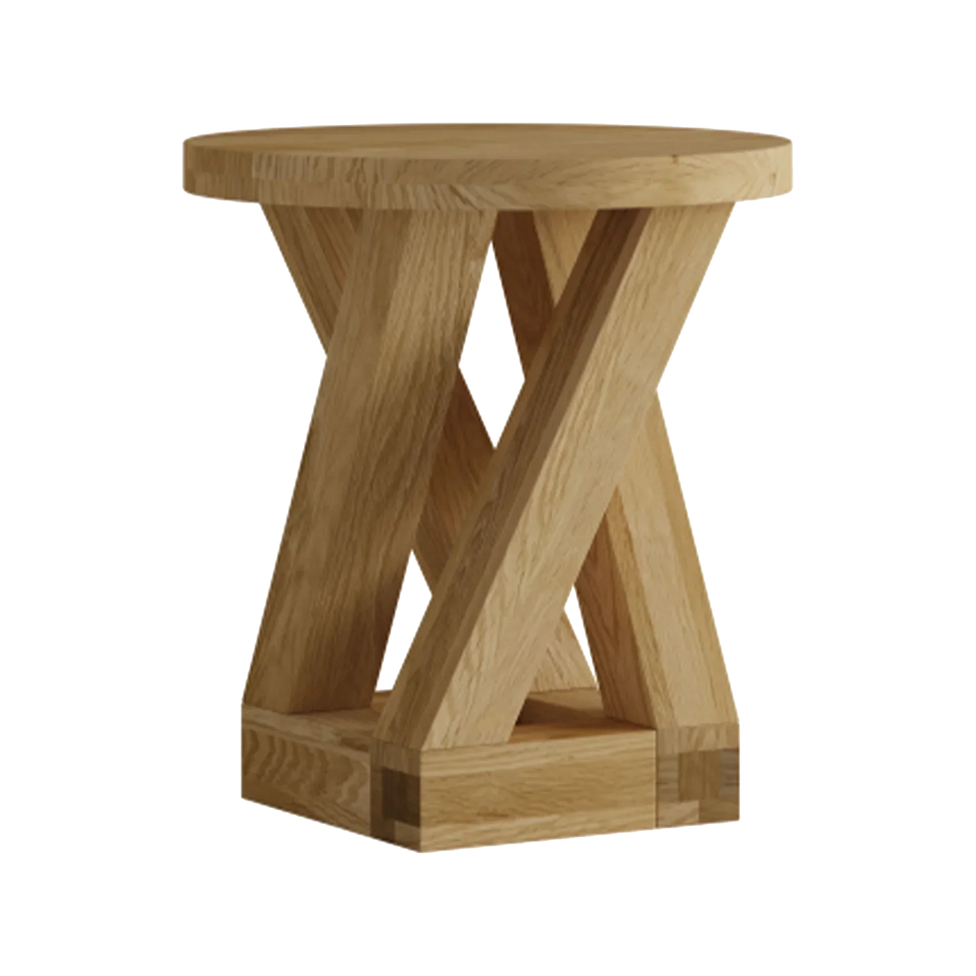 Round oak side table with crisscross wooden base, natural finish, angled front view