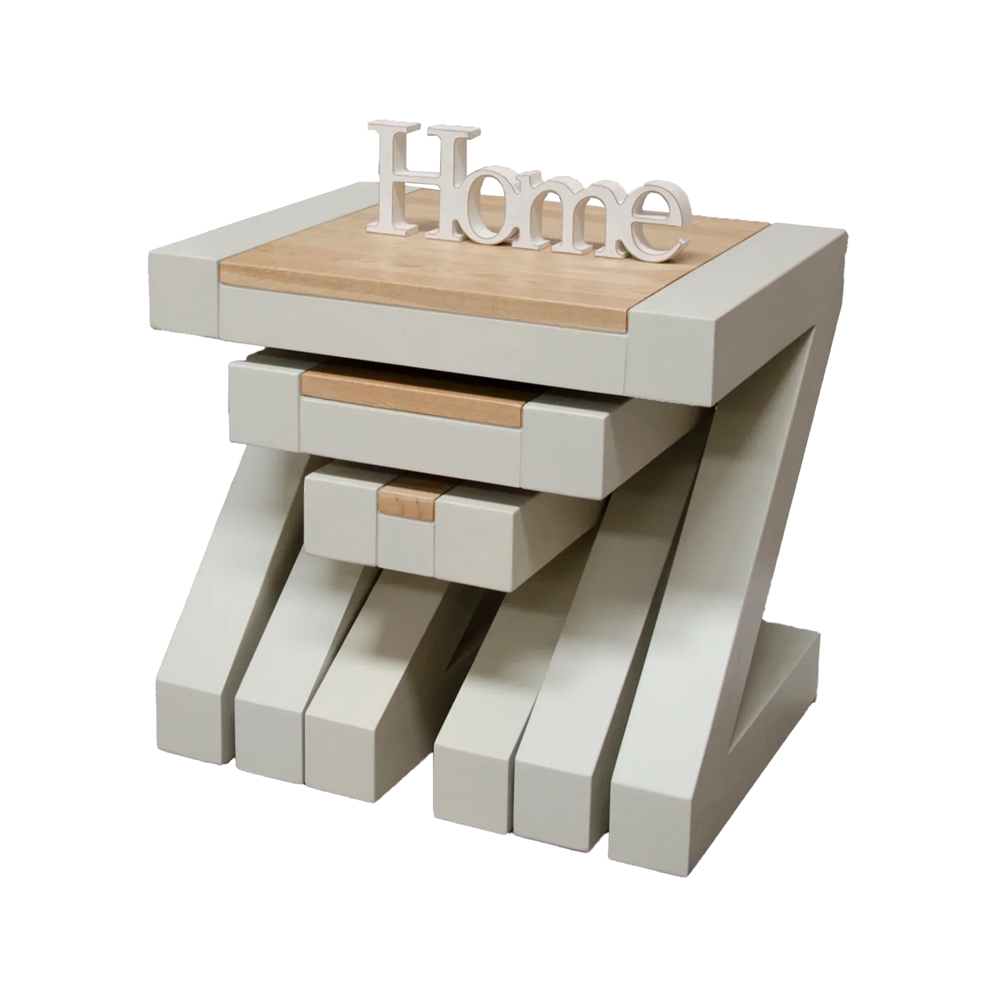 Modern nest of tables in cream and oak finish with decorative Home sign on top