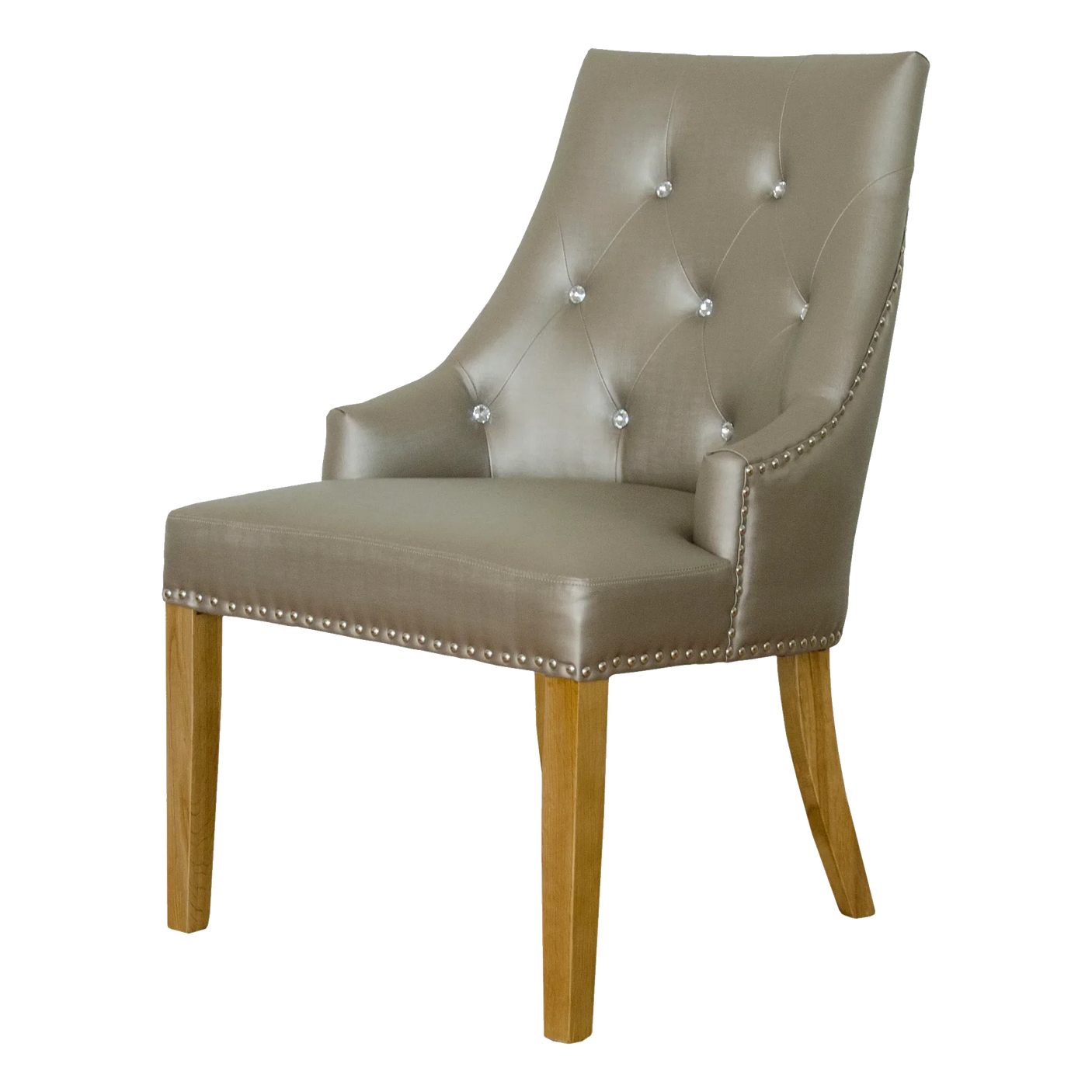 Taupe leather dining chair with tufted back, silver studs, and wooden legs