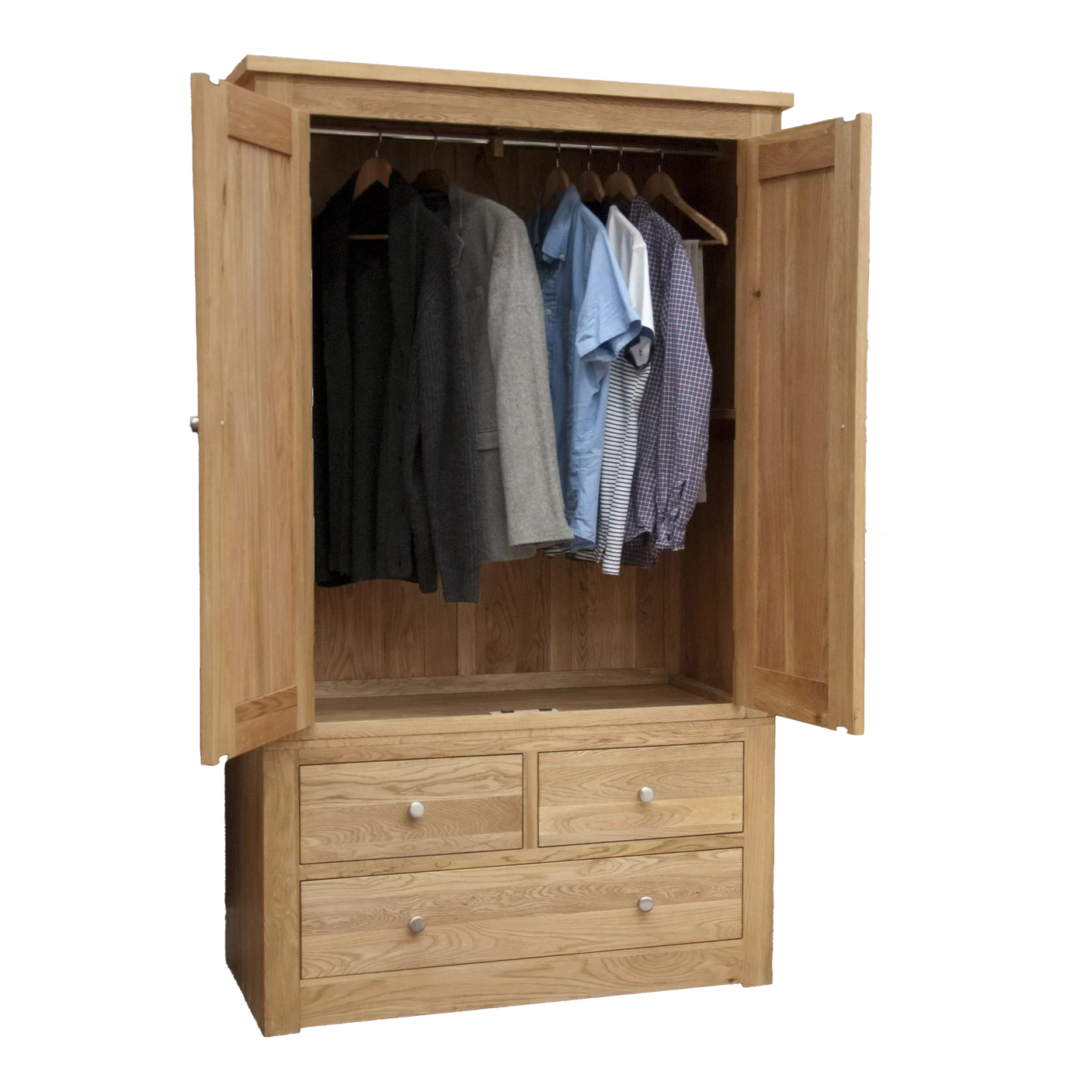 Oak wardrobe with open doors, hanging rail, four drawers, and assorted clothing