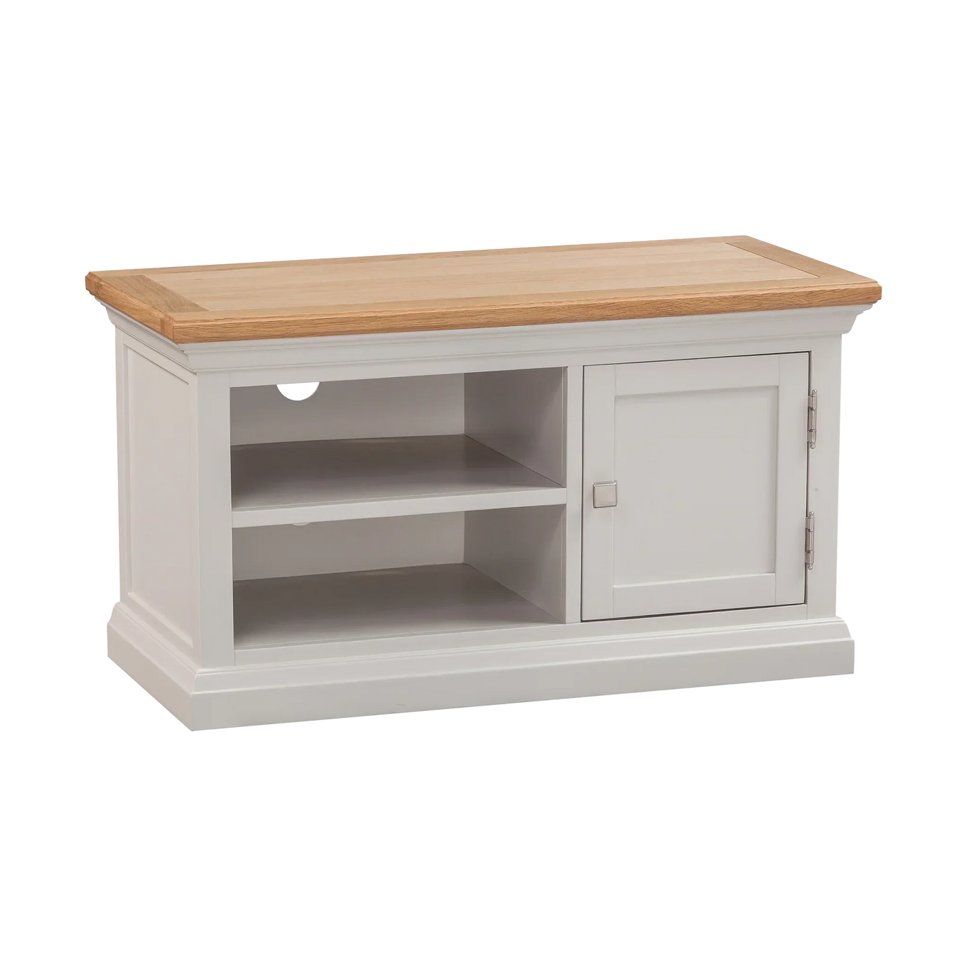 White wooden TV unit with oak top, open shelves, and single door cabinet