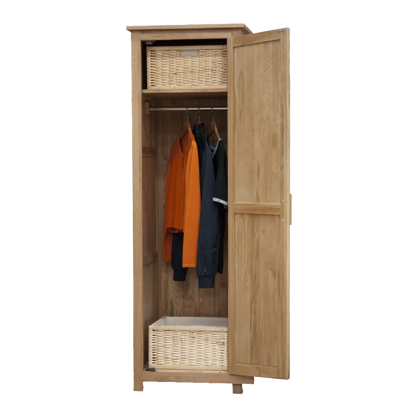 Oak wardrobe with open door, hanging rail, wicker baskets and clothes inside