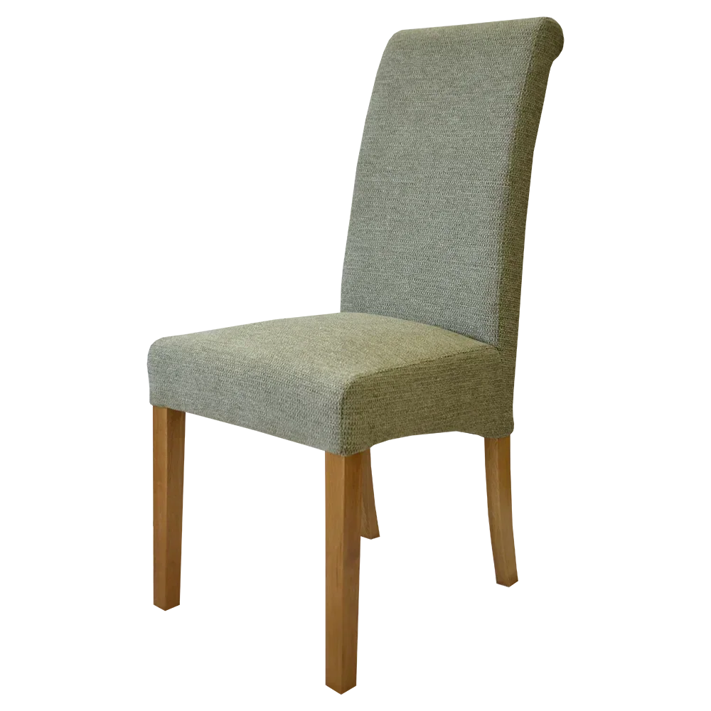 Upholstered dining chair with light wood legs and high backrest