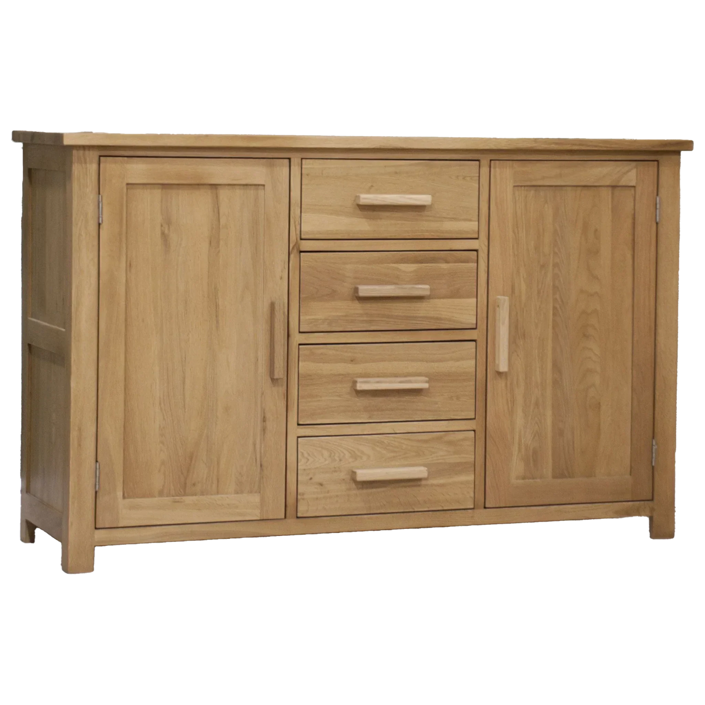 Oak sideboard with two doors and four central drawers, natural wood finish, front view