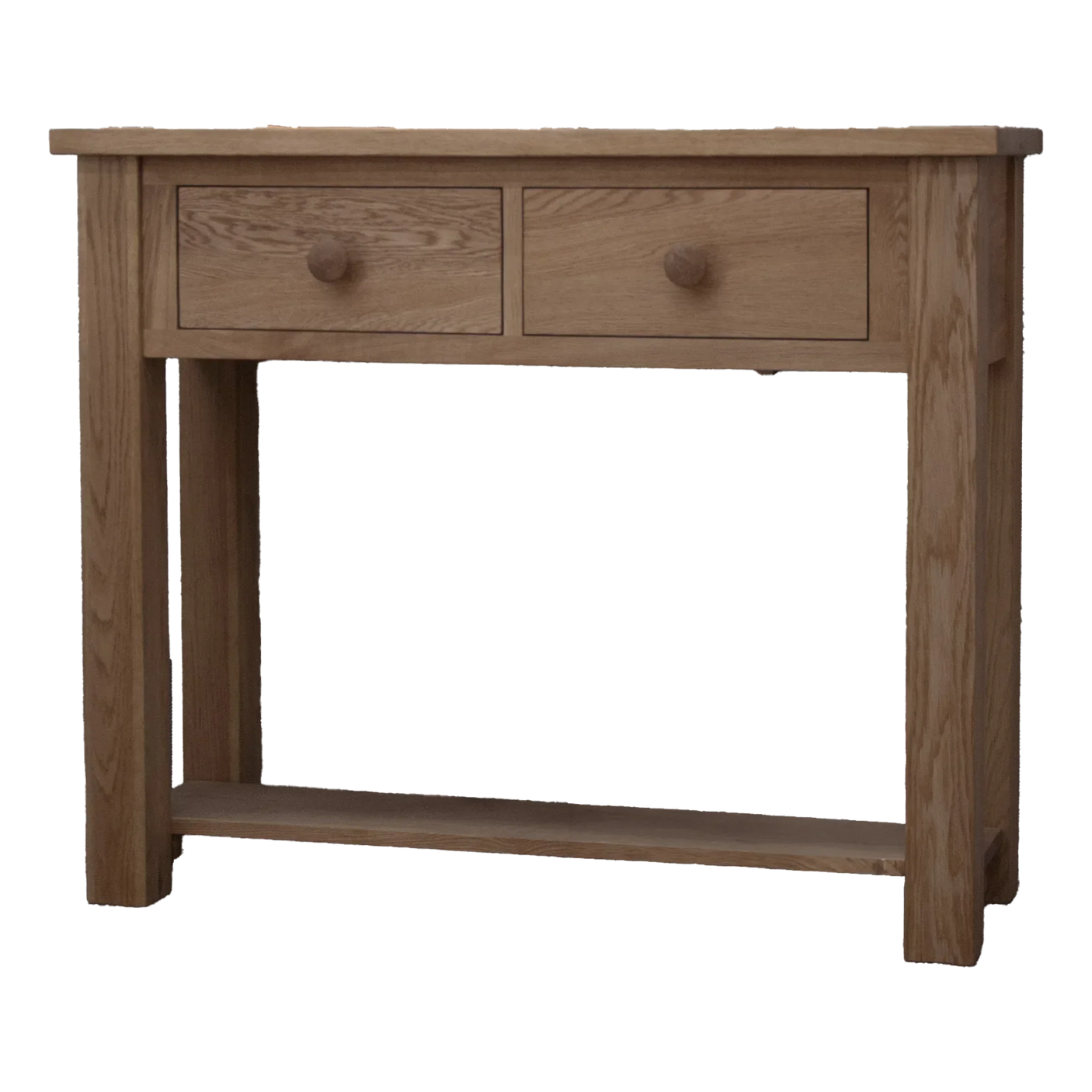 Oak console table with two drawers and lower shelf, natural wood finish, front view