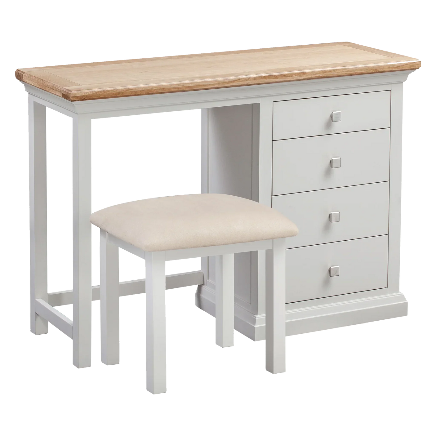 White dressing table with four drawers and matching stool featuring cushioned seat