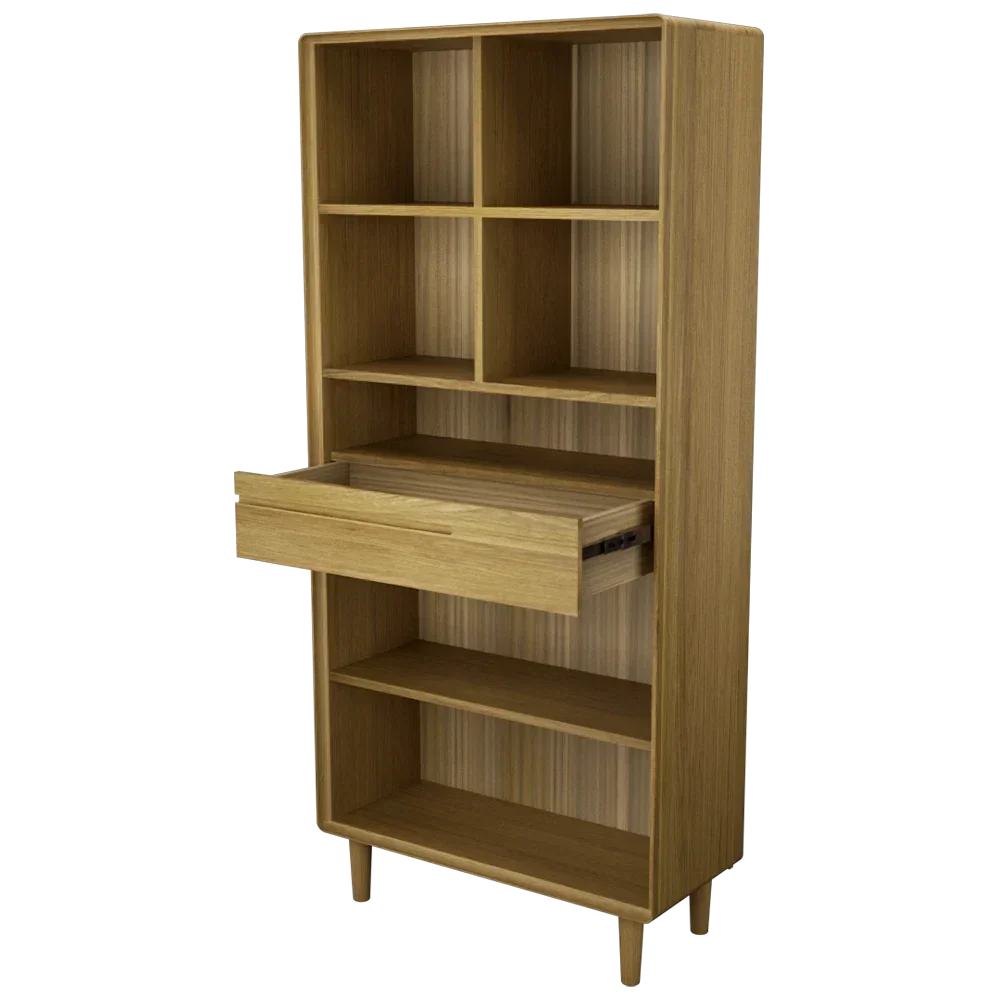 Oak bookcase with open shelves and single drawer, mid-century style, angled view