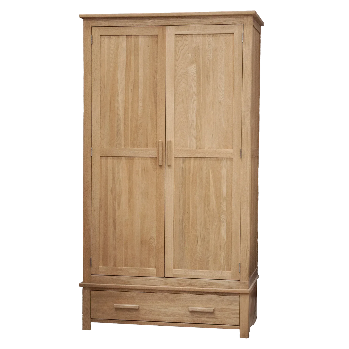 Oak wardrobe with two panel doors and lower storage drawer, shown from the front