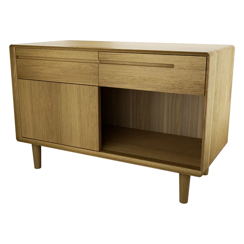 Oak sideboard with two drawers, cabinet door and open storage shelf, angled view