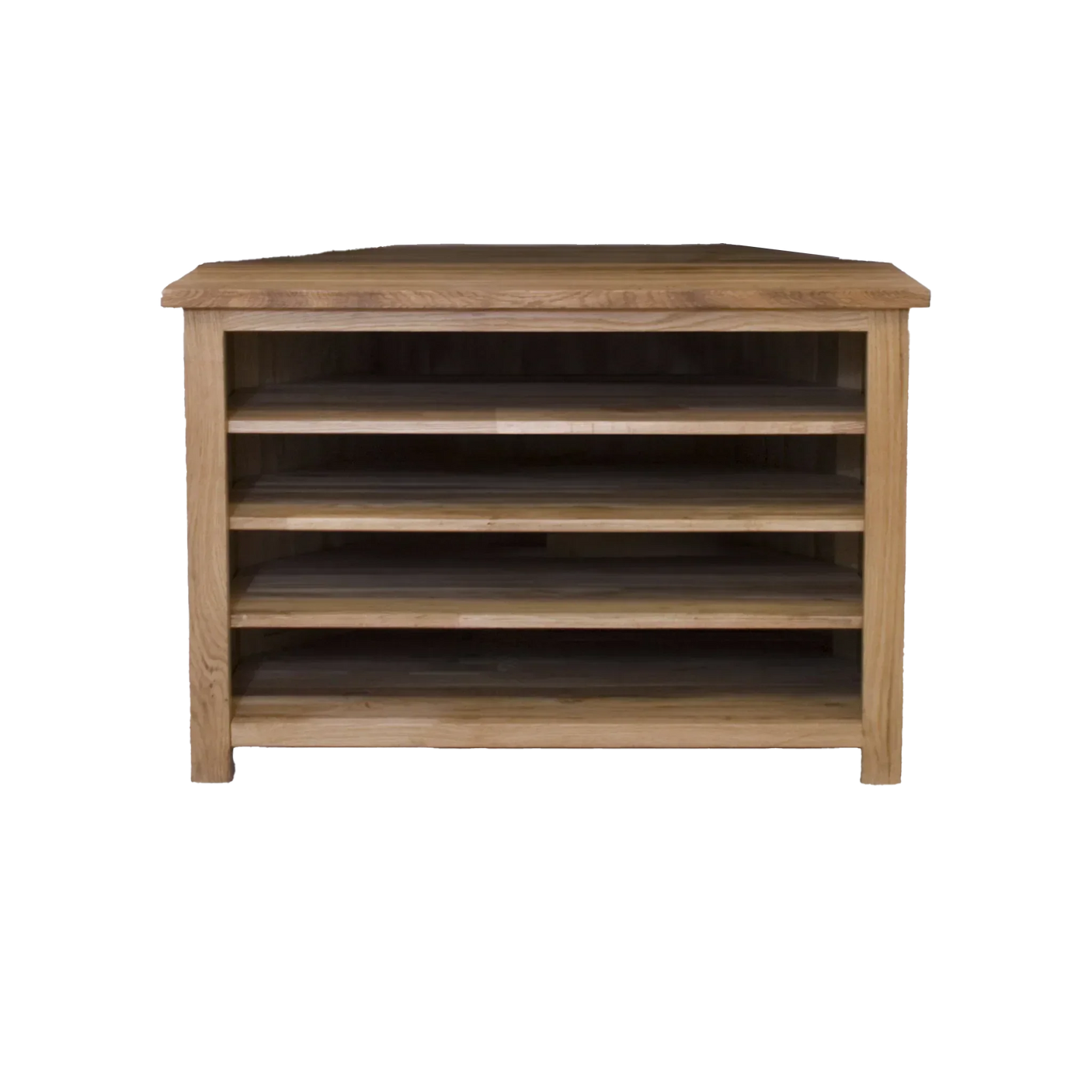 Oak corner TV unit with three open shelves and wood grain finish
