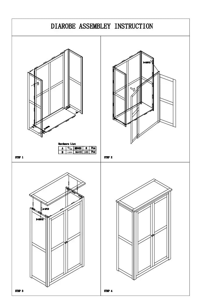 Wardrobe assembly instructions with step-by-step diagrams and hardware list
