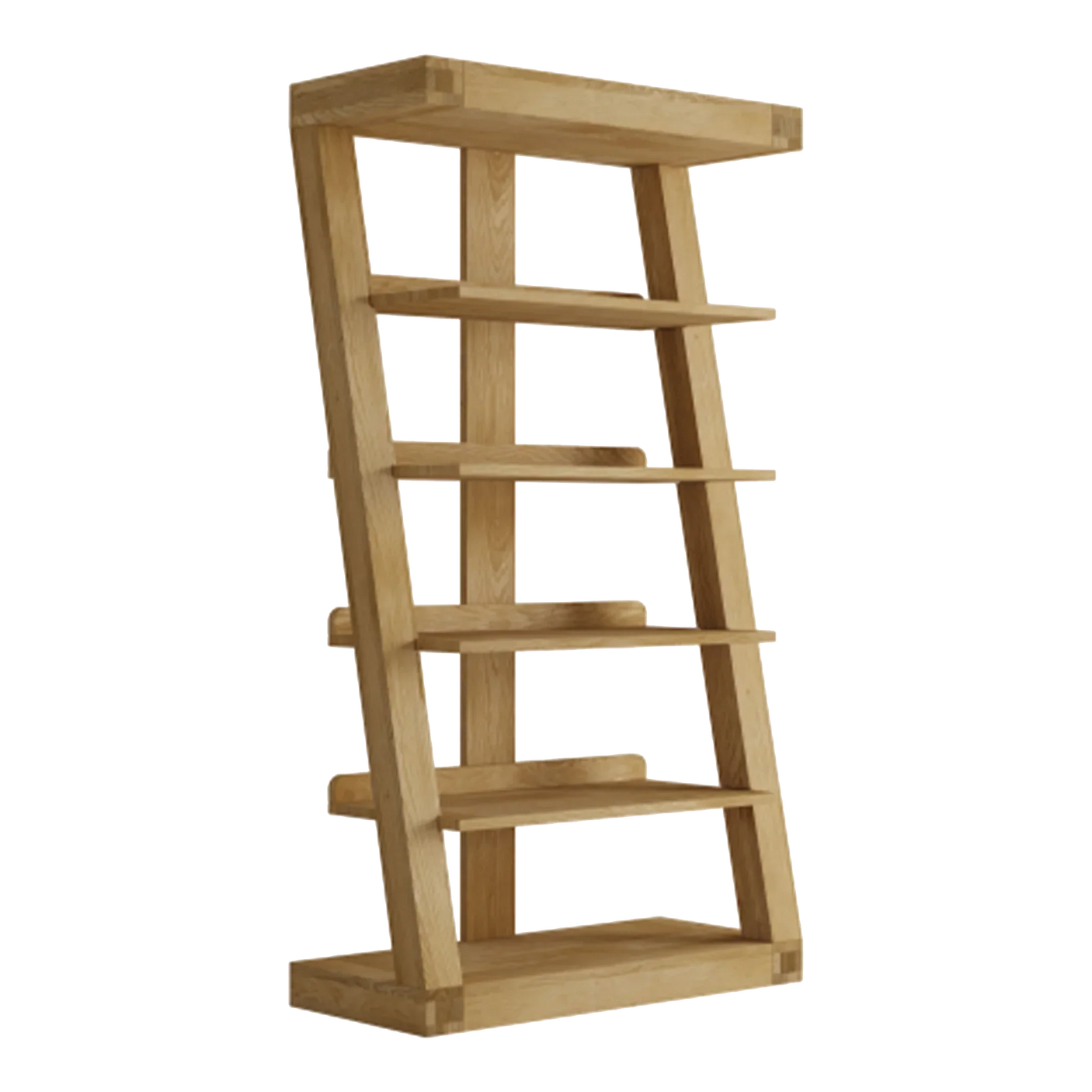 Oak wood bookshelf with five angled shelves and open back, front angled view