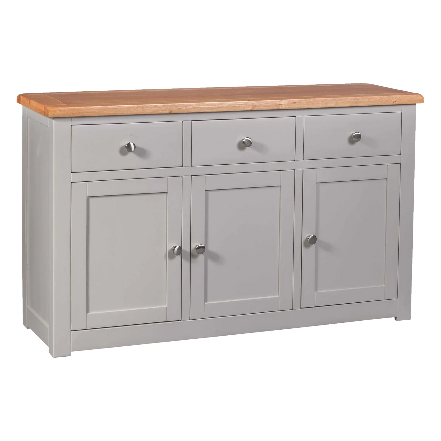 Grey sideboard with oak top, three drawers and three doors, brushed metal handles