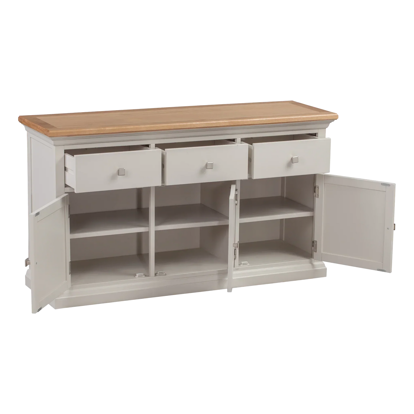 Grey sideboard with oak top, three open drawers, and six shelves behind open cabinet doors