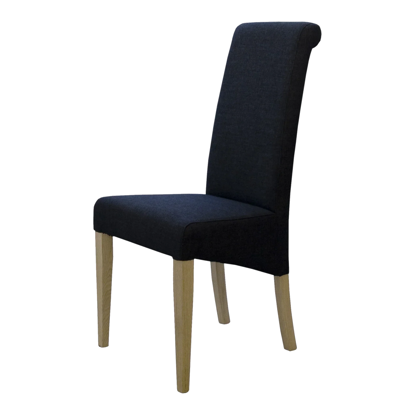 Black upholstered dining chair with high back and light wood legs