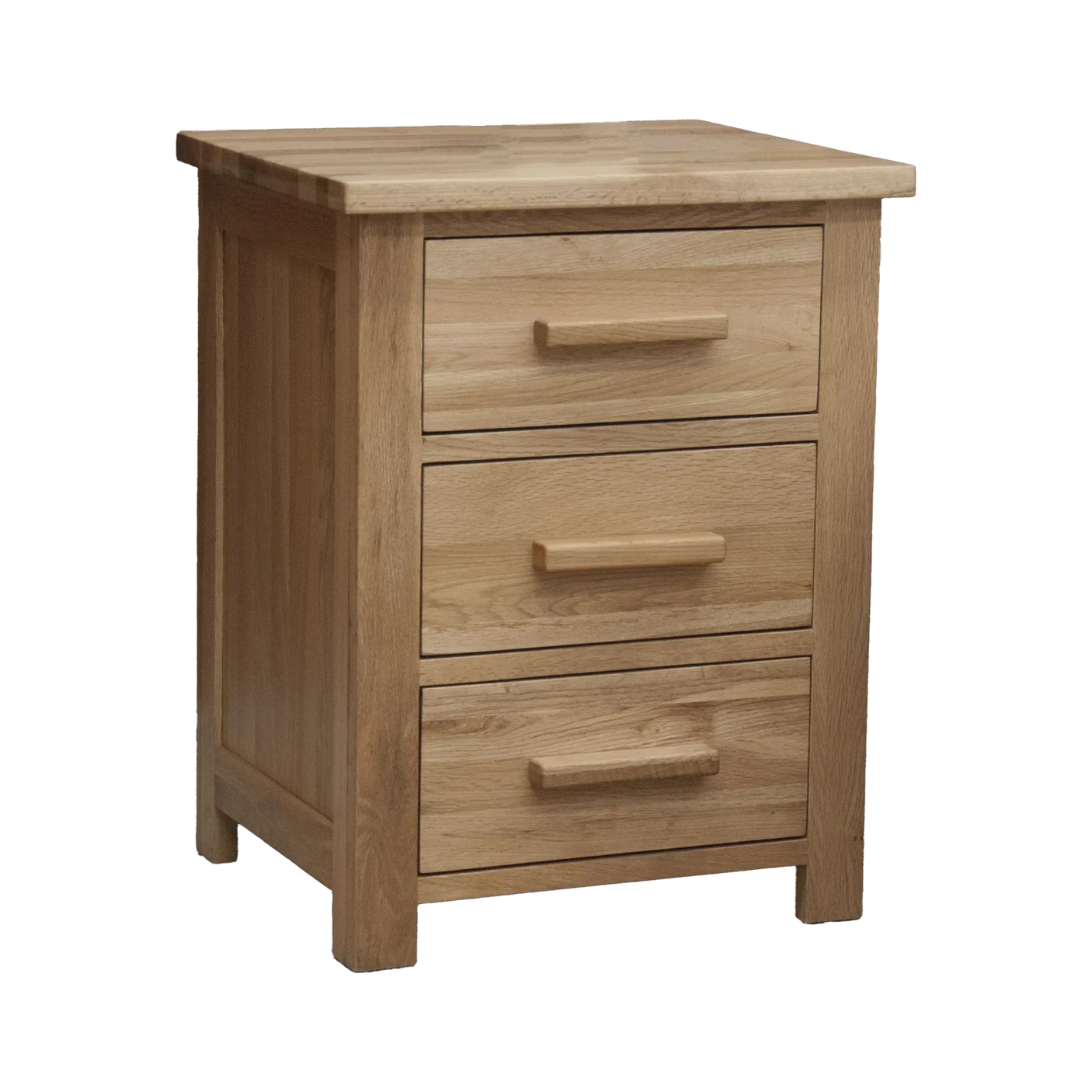 Oak bedside table with three drawers and wooden handles, angled front view