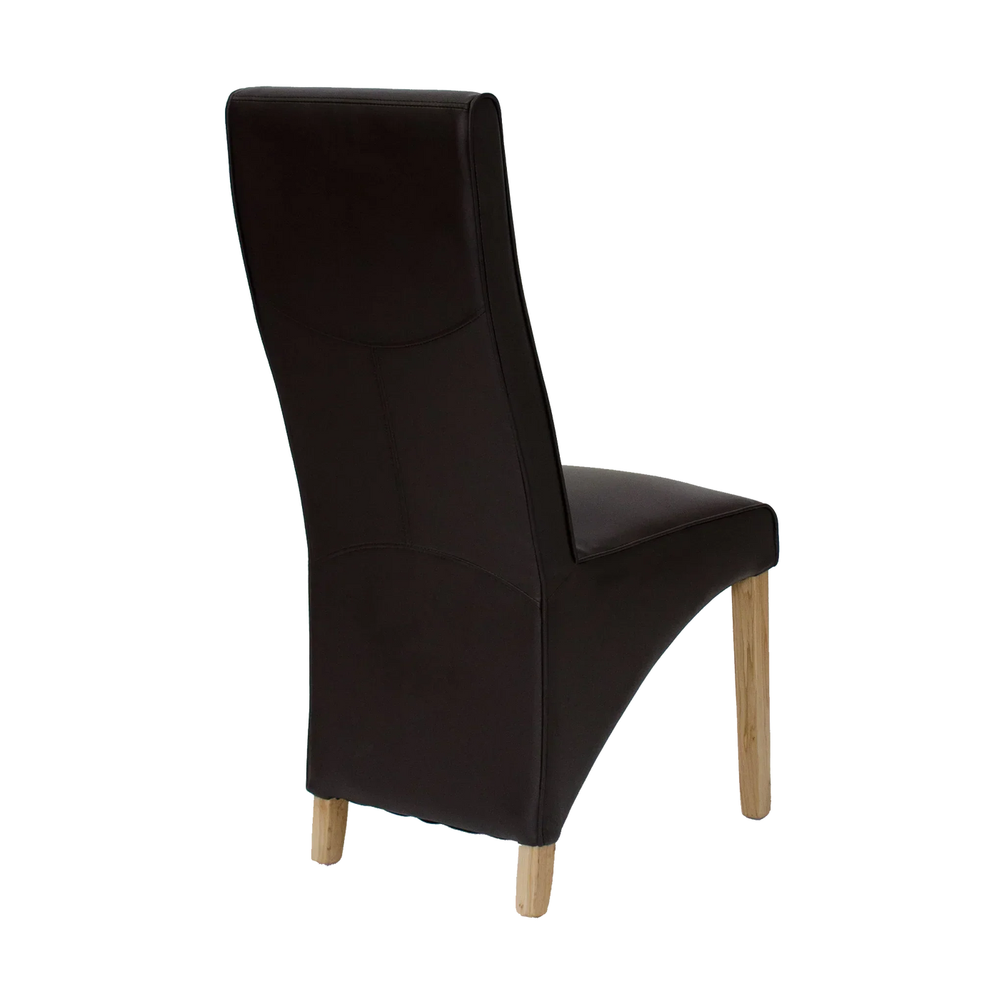 Brown leather dining chair with wooden legs shown from rear angle