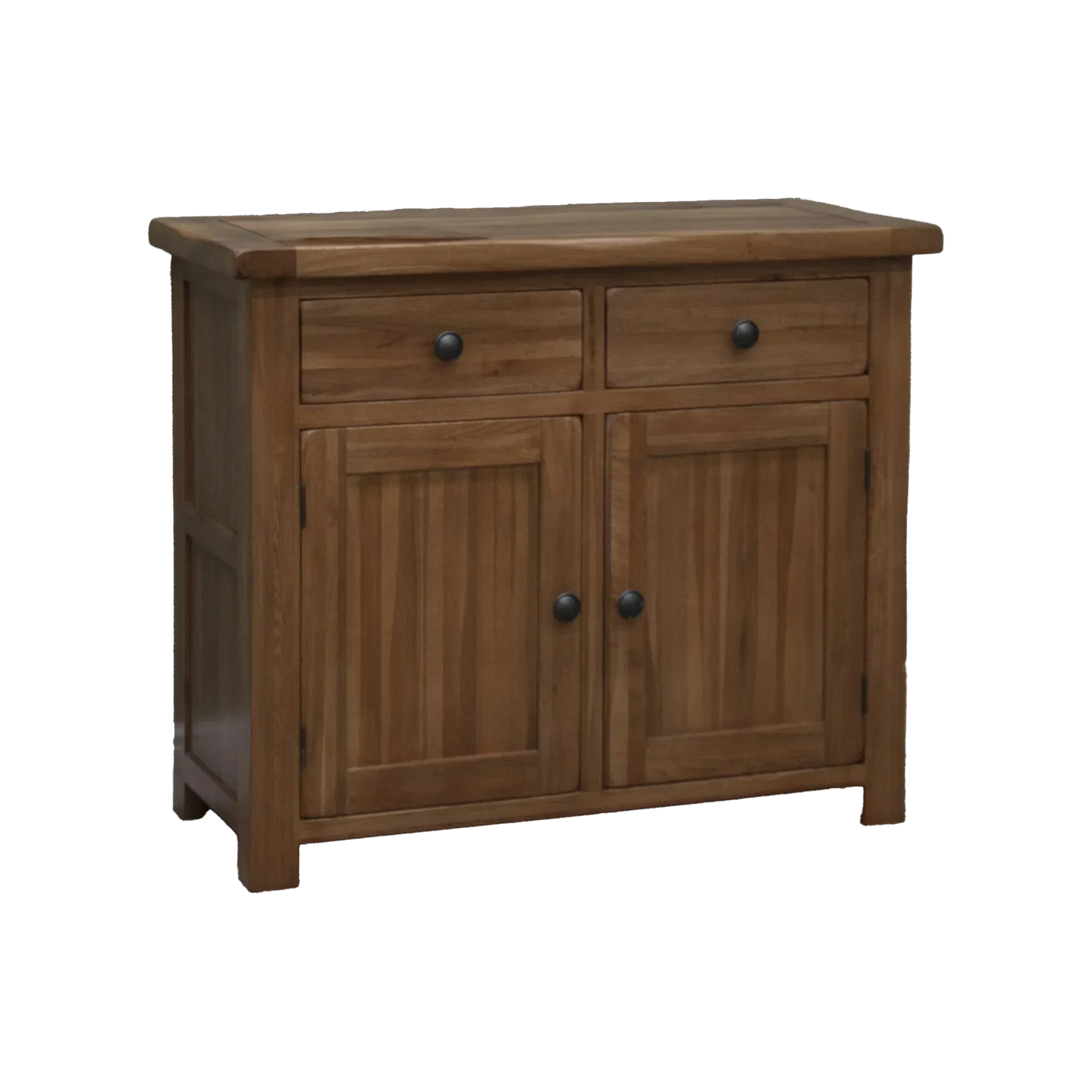 Oak sideboard with two drawers and double cupboard, black handles, front view