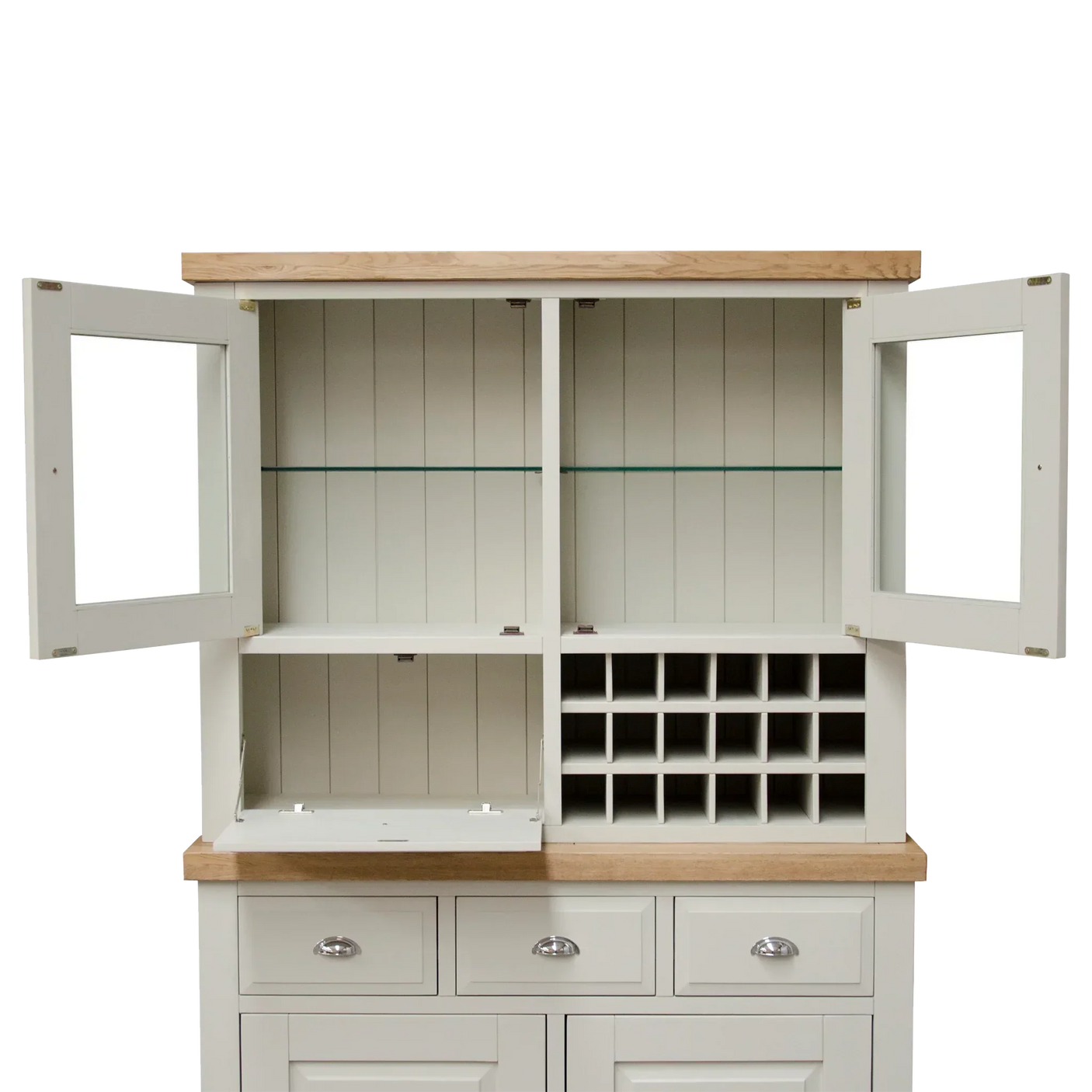Cream painted kitchen dresser with oak top, open cupboard doors, glass shelf, wine rack compartments