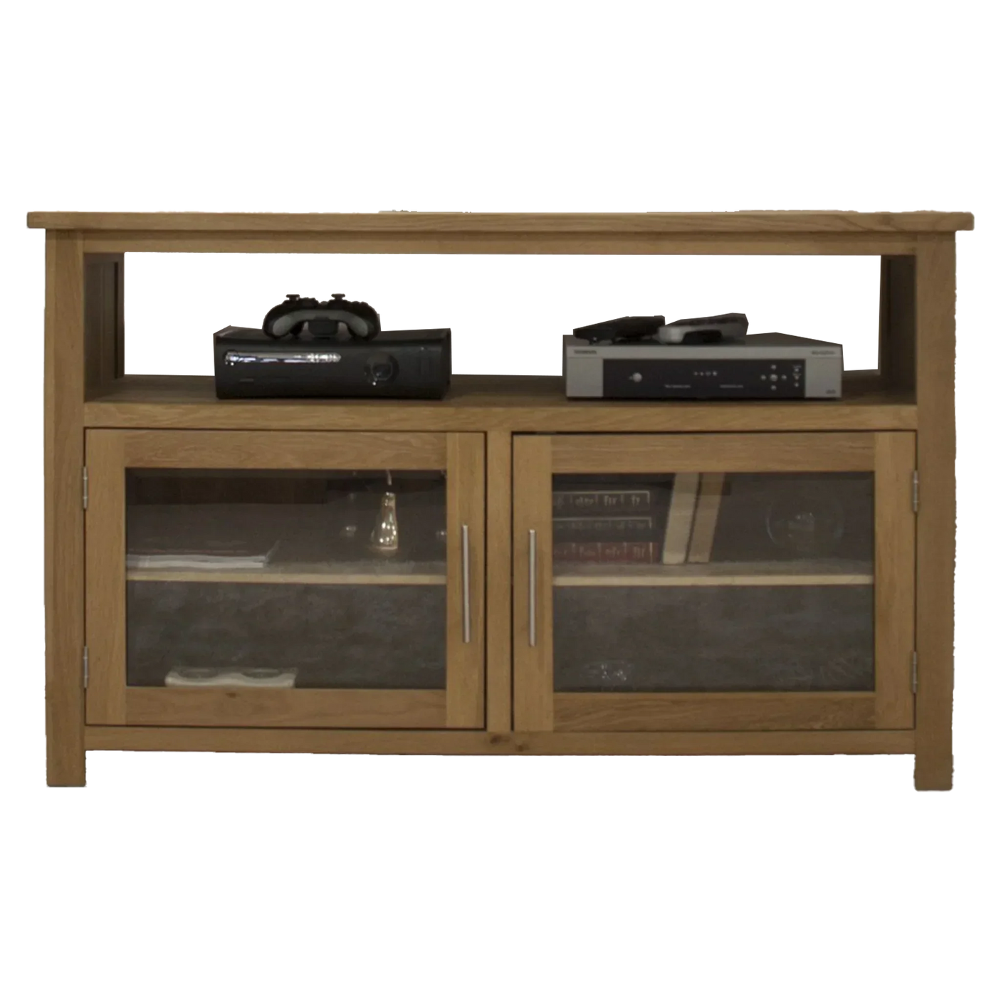 Oak TV unit with glass doors, open shelf and silver handles, perfect for media storage