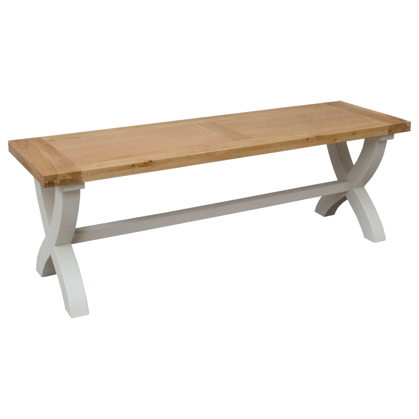 Wooden dining bench with natural oak top and painted white cross legs