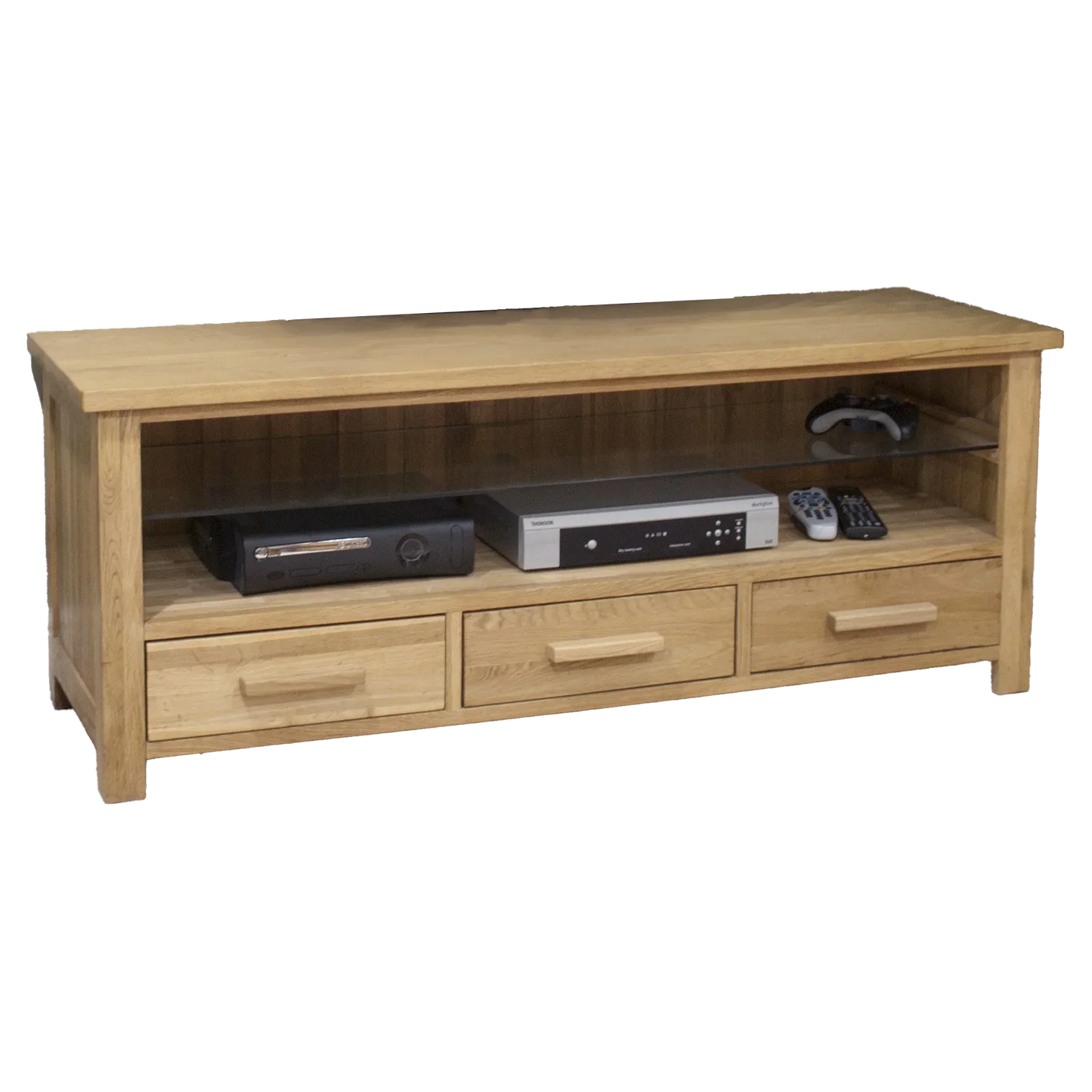 Oak TV unit with three drawers and open shelf for media storage and devices