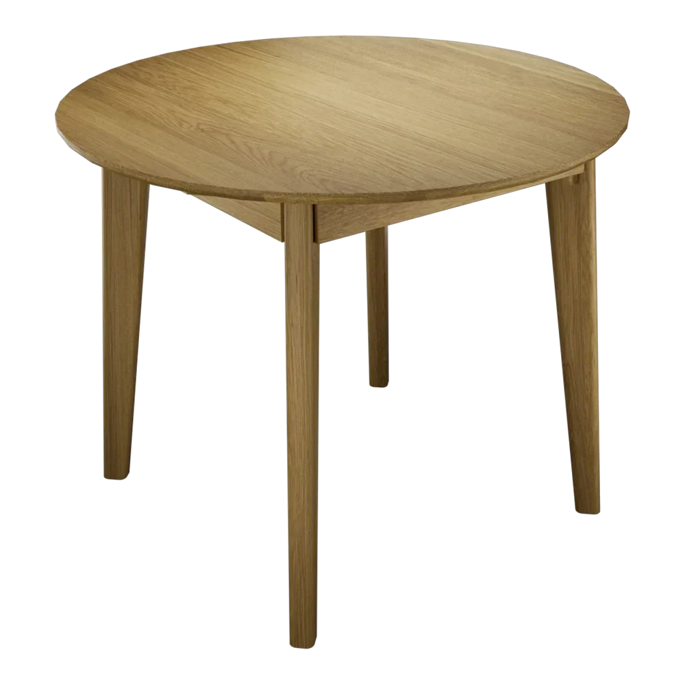 Round oak dining table with four wooden legs and smooth finish