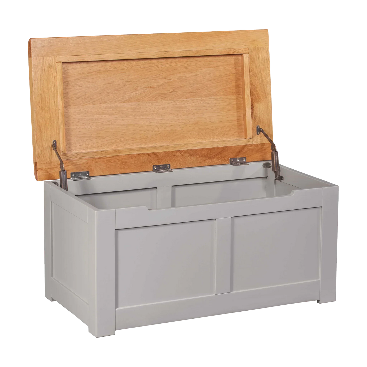 Grey wooden storage bench with hinged oak lid open, showing spacious interior storage