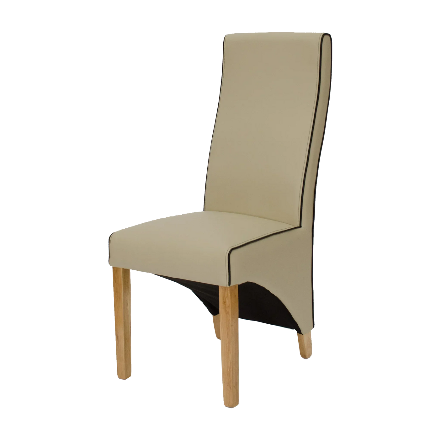Beige leather dining chair with oak legs and black trim, angled side view