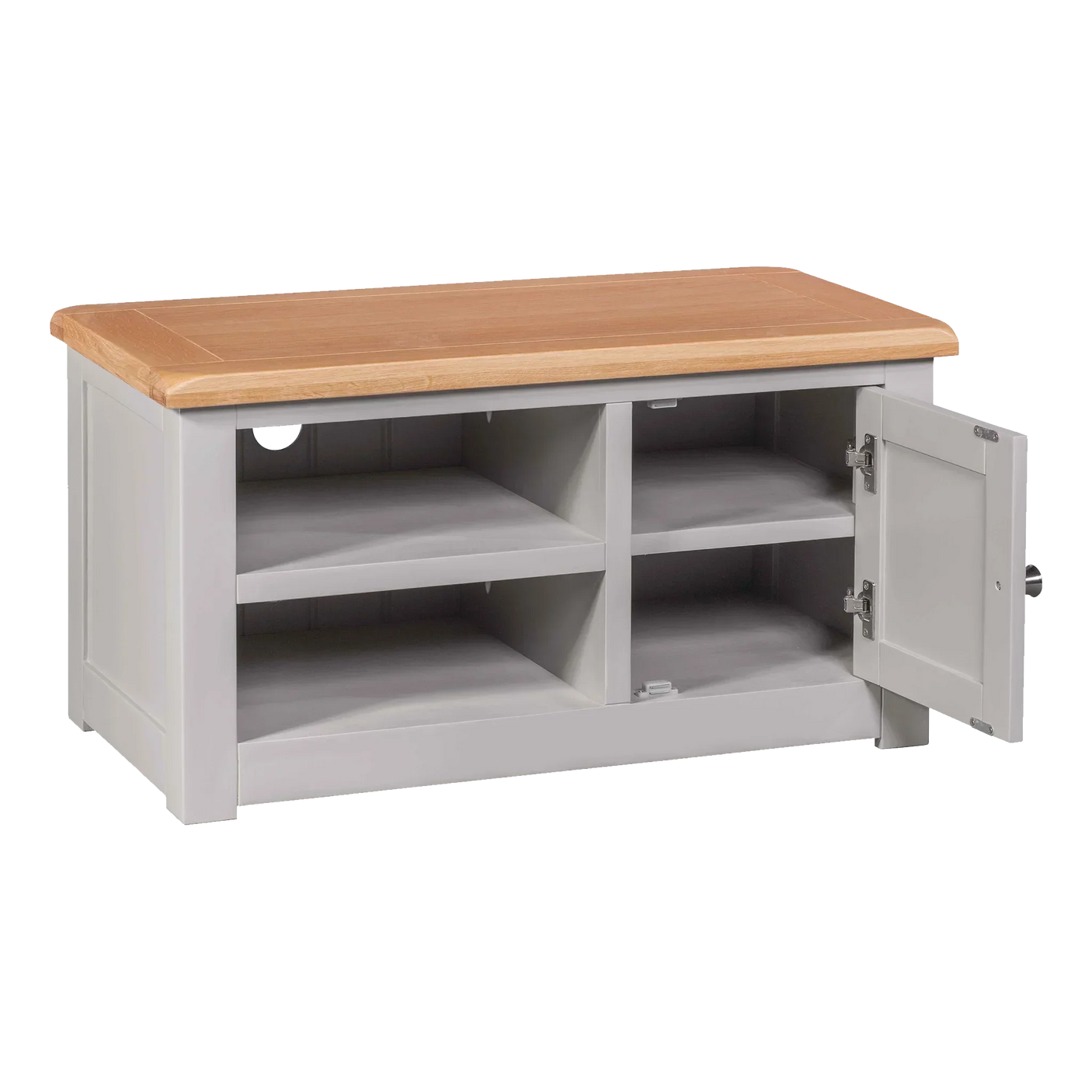 Grey wooden TV unit with oak top, open storage shelves and right side cabinet door open